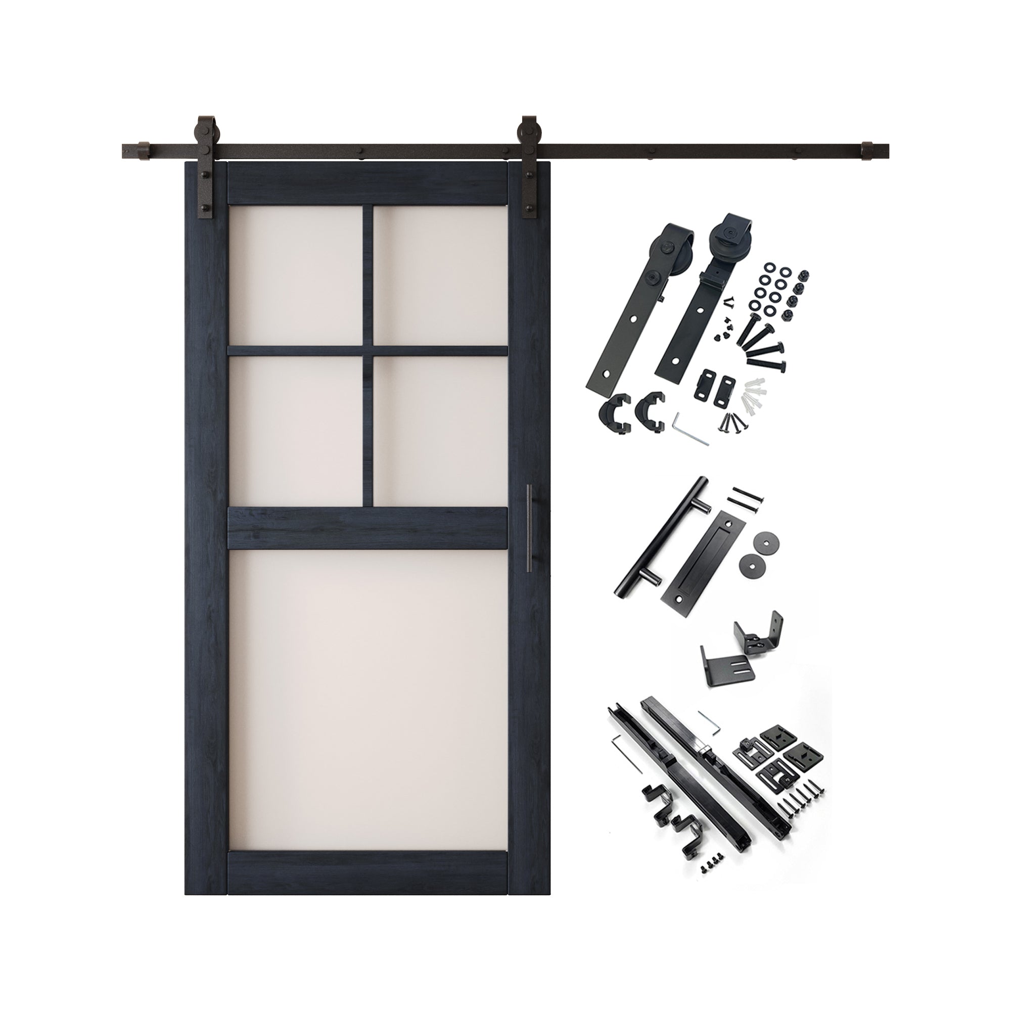80" Height Navy 5-Lite Frosted Glass Unassembled & Finished Pine Wood Barn Door with Non-Bypass Installation Hardware Kit (Interior Use Only)