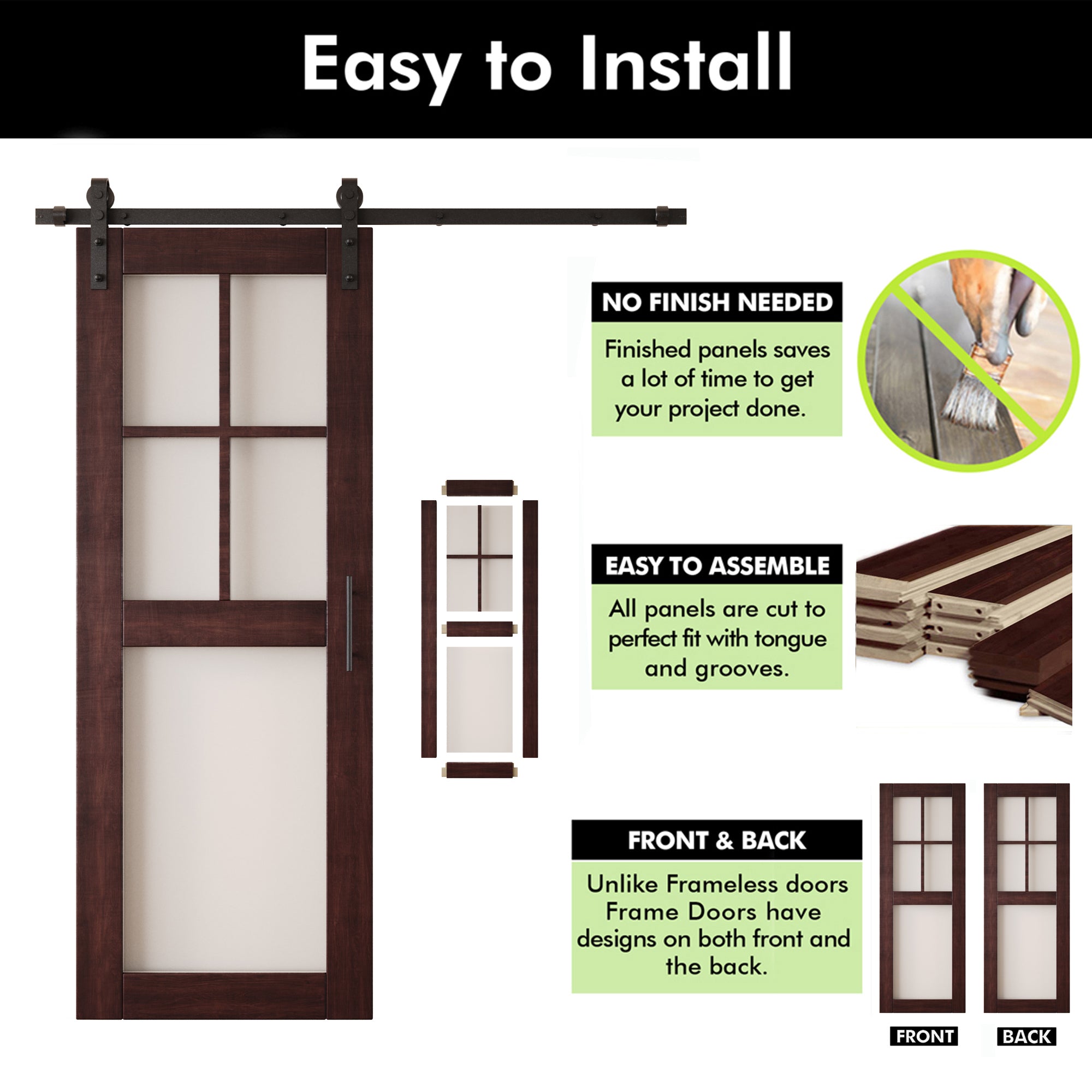 80" Height Red Mahogany 5-Lite Frosted Glass Unassembled & Finished Pine Wood Barn Door with Non-Bypass Installation Hardware Kit (Interior Use Only)