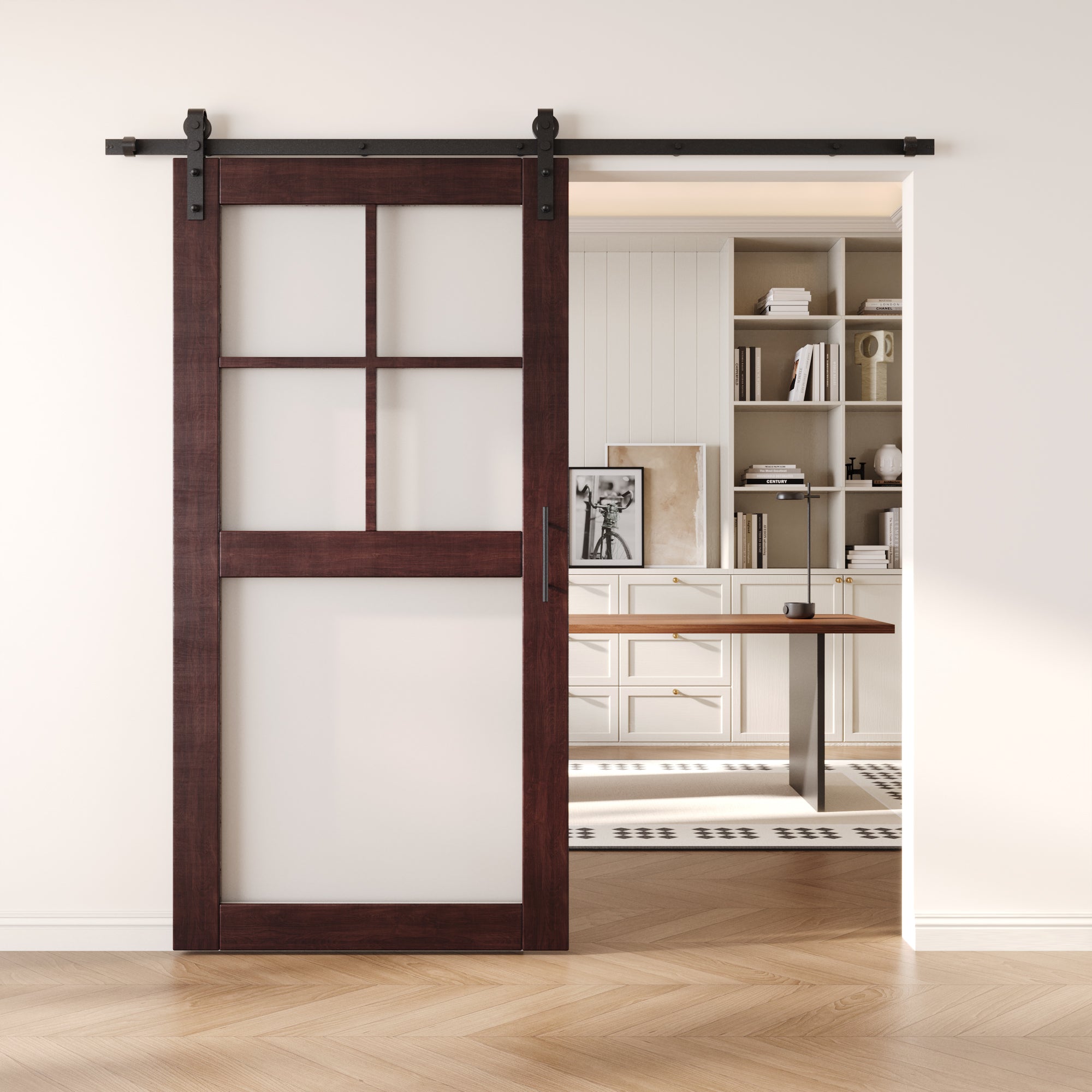 80" Height Red Mahogany 5-Lite Frosted Glass Unassembled & Finished Pine Wood Barn Door with Non-Bypass Installation Hardware Kit (Interior Use Only)