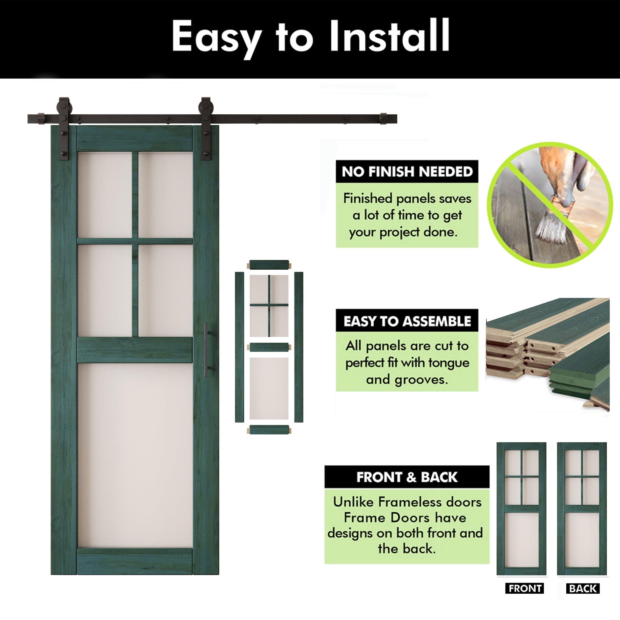80" Height Royal Pine 5-Lite Frosted Glass Unassembled & Finished Pine Wood Barn Door with Non-Bypass Installation Hardware Kit (Interior Use Only)