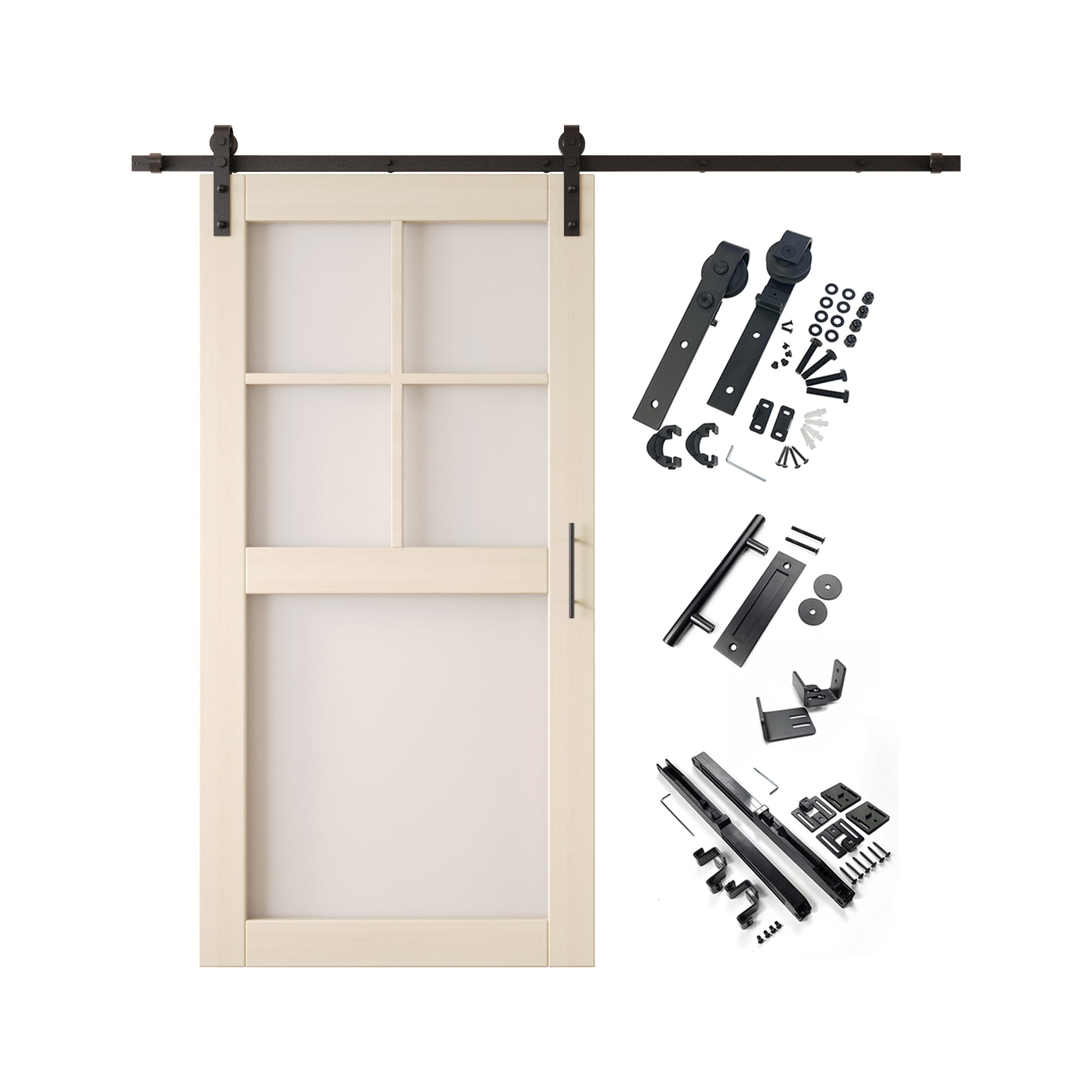 80" Height Tinsmith Gray 5-Lite Frosted Glass Unassembled & Finished Pine Wood Barn Door with Non-Bypass Installation Hardware Kit (Interior Use Only)