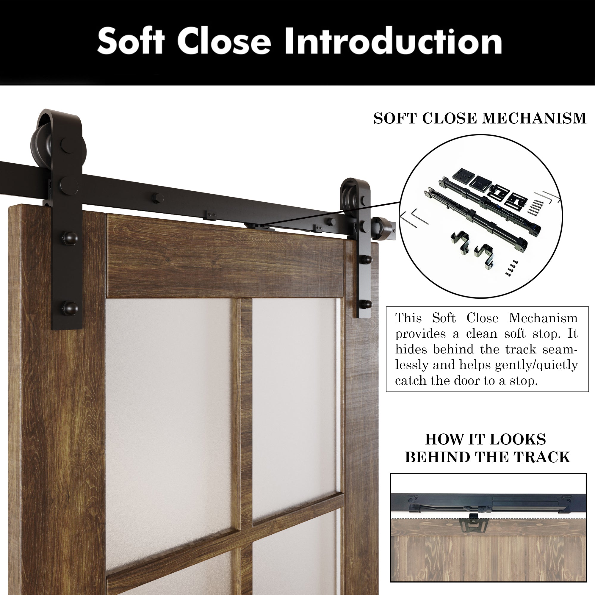 80" Height Dark Walnut 5-Lite Frosted Glass Unassembled & Finished Pine Wood Barn Door with Non-Bypass Installation Hardware Kit (Interior Use Only)