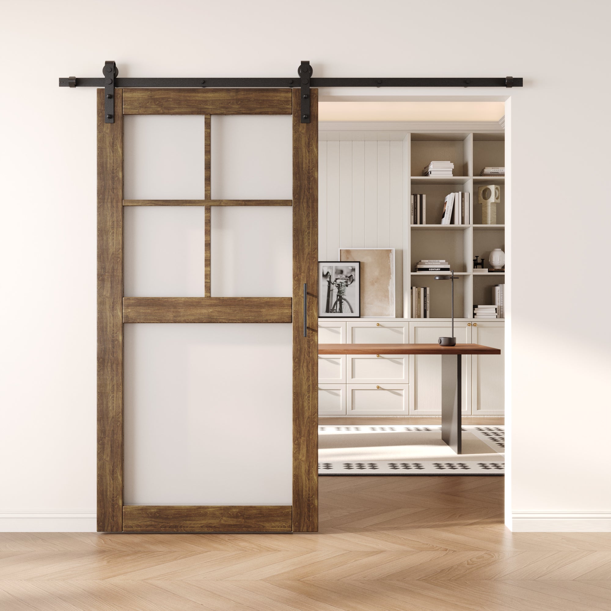 80" Height Dark Walnut 5-Lite Frosted Glass Unassembled & Finished Pine Wood Barn Door with Non-Bypass Installation Hardware Kit (Interior Use Only)