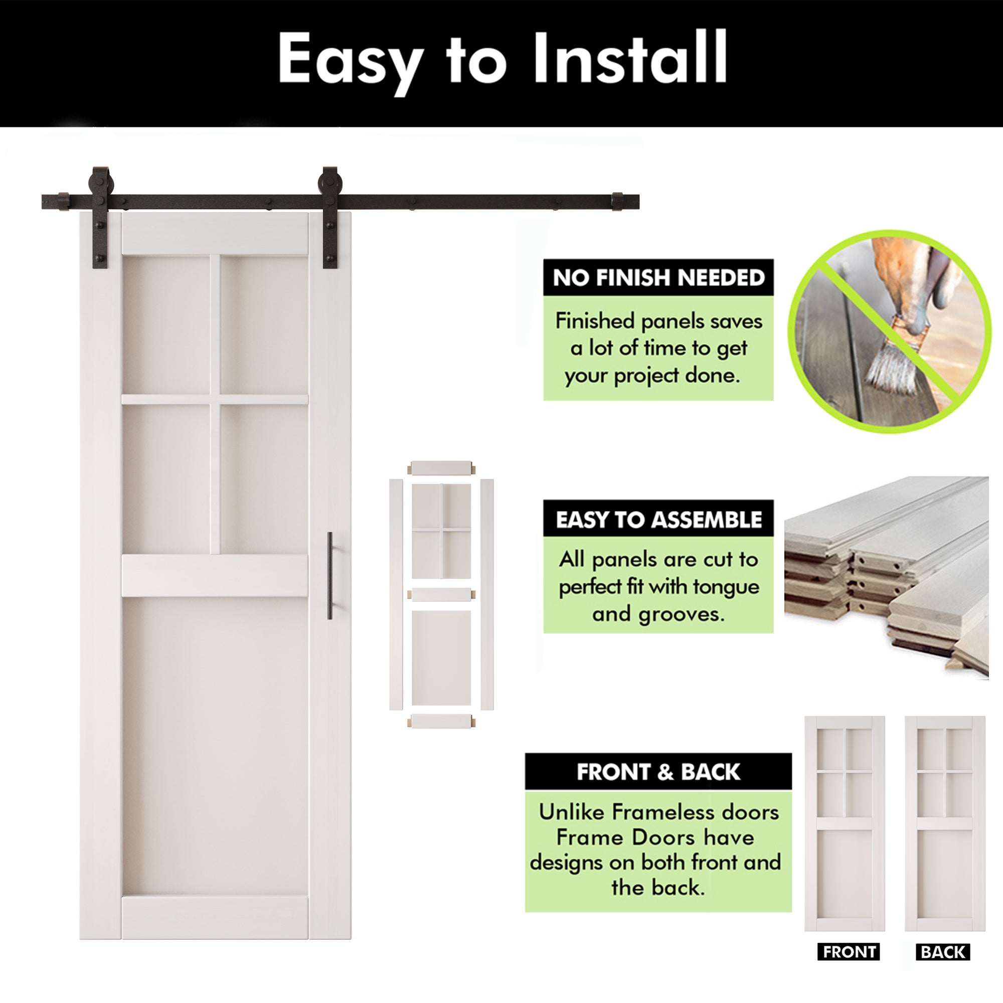 80" Height White 5-Lite Frosted Glass Unassembled & Finished Pine Wood Barn Door with Non-Bypass Installation Hardware Kit (Interior Use Only)