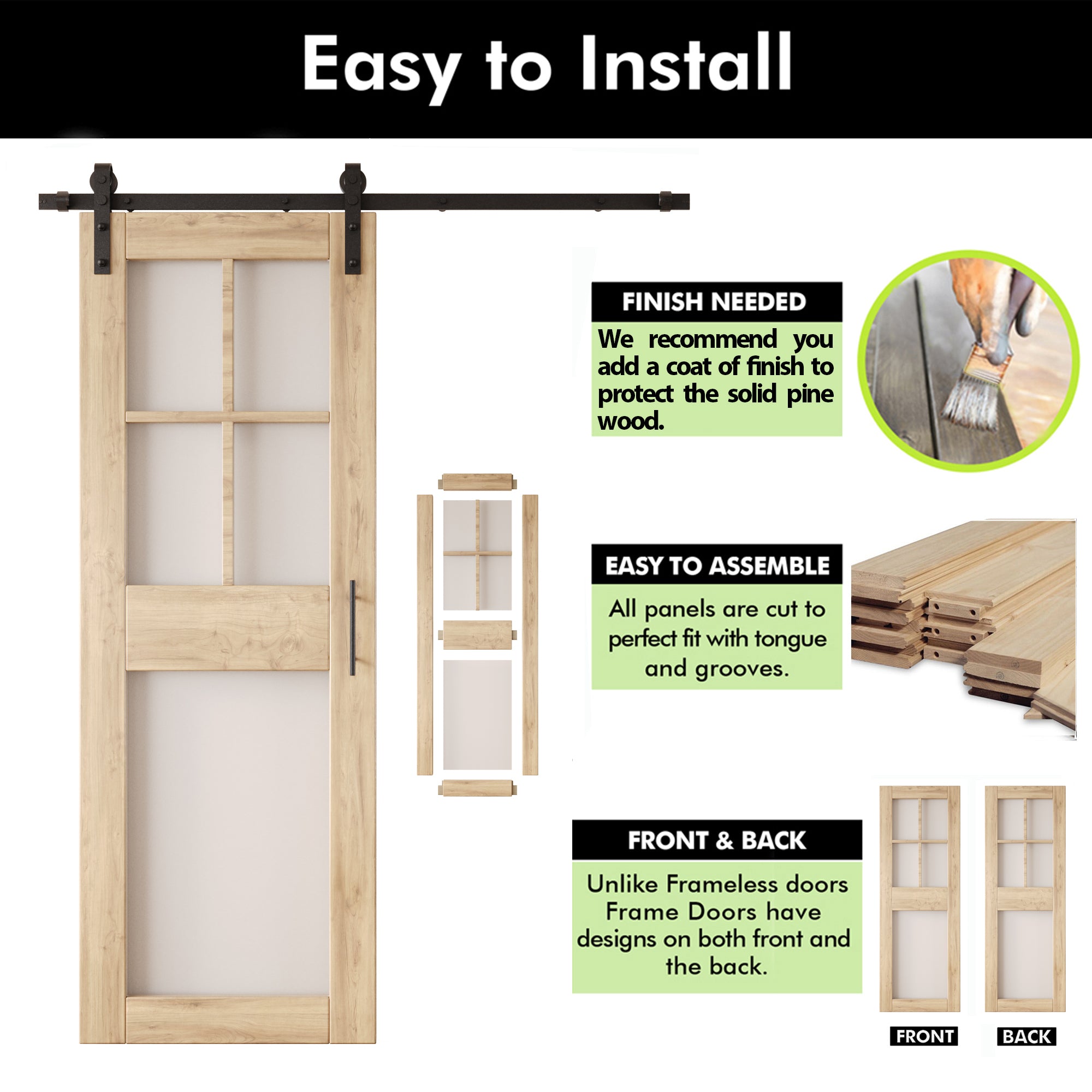 84" Height 5-Lite Frosted Glass Unassembled & Unfinished Pine Wood Barn Door with Non-Bypass Installation Hardware Kit (Interior Use Only)
