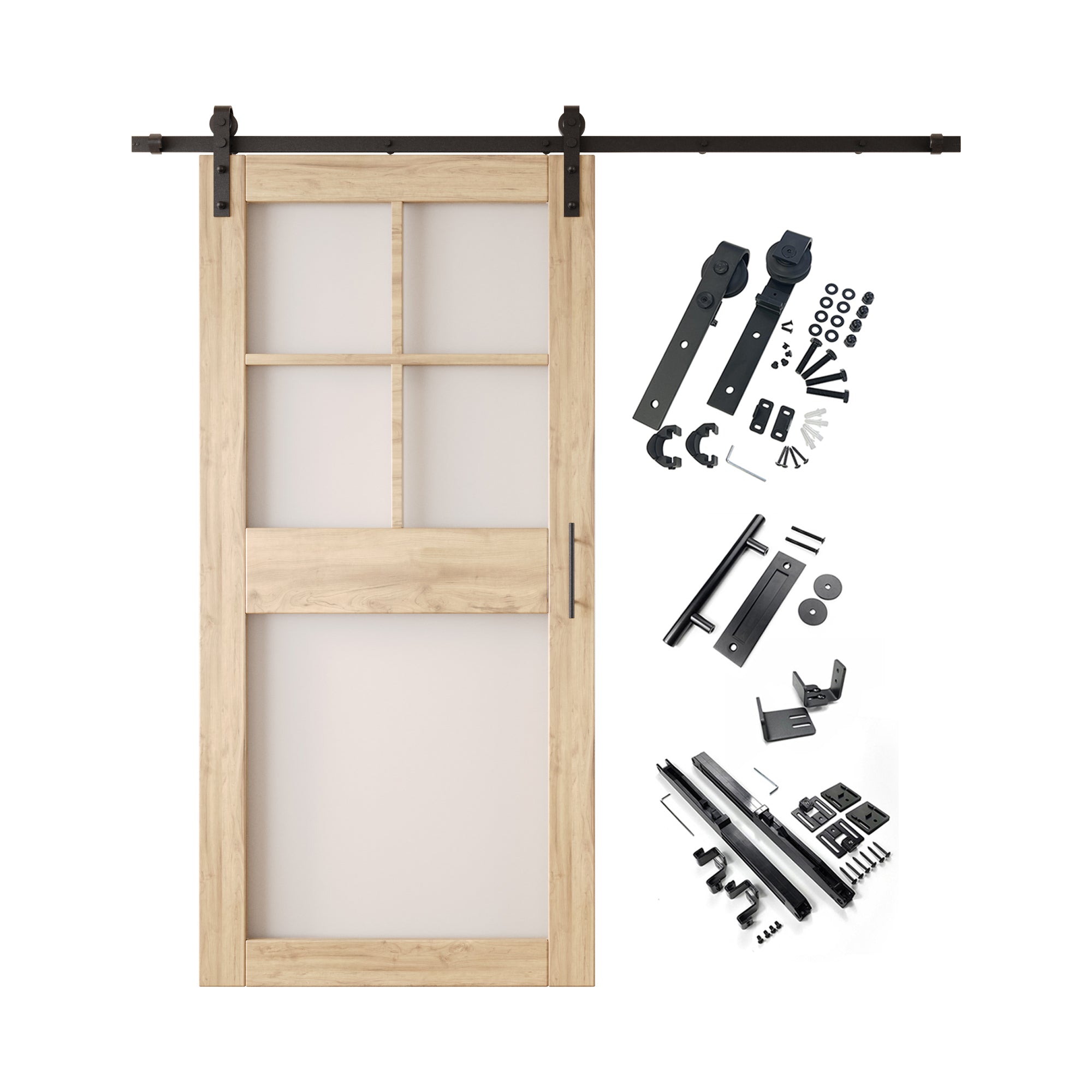 84" Height 5-Lite Frosted Glass Unassembled & Unfinished Pine Wood Barn Door with Non-Bypass Installation Hardware Kit (Interior Use Only)
