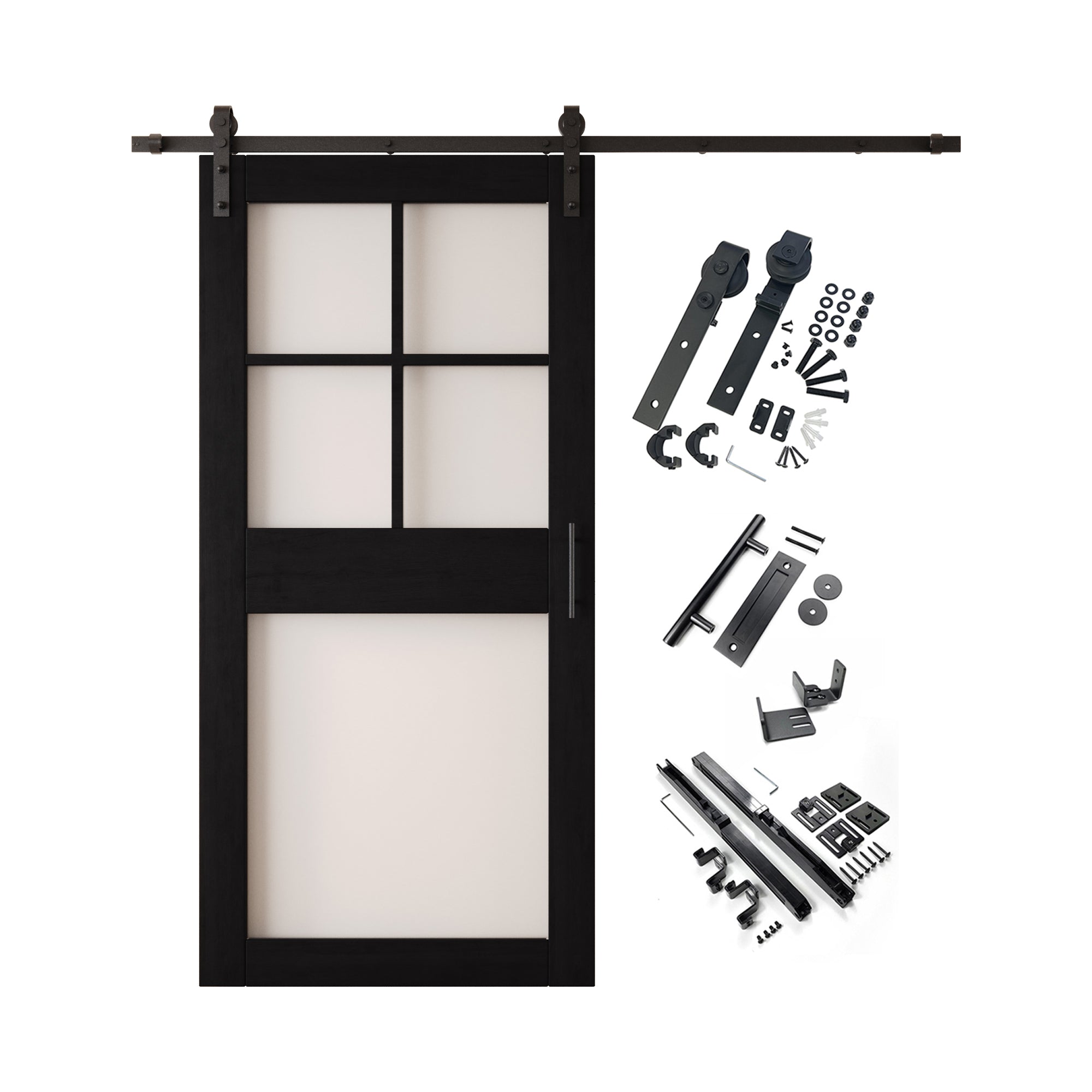 84" Height Black 5-Lite Frosted Glass Unassembled & Finished Pine Wood Barn Door with Non-Bypass Installation Hardware Kit (Interior Use Only)