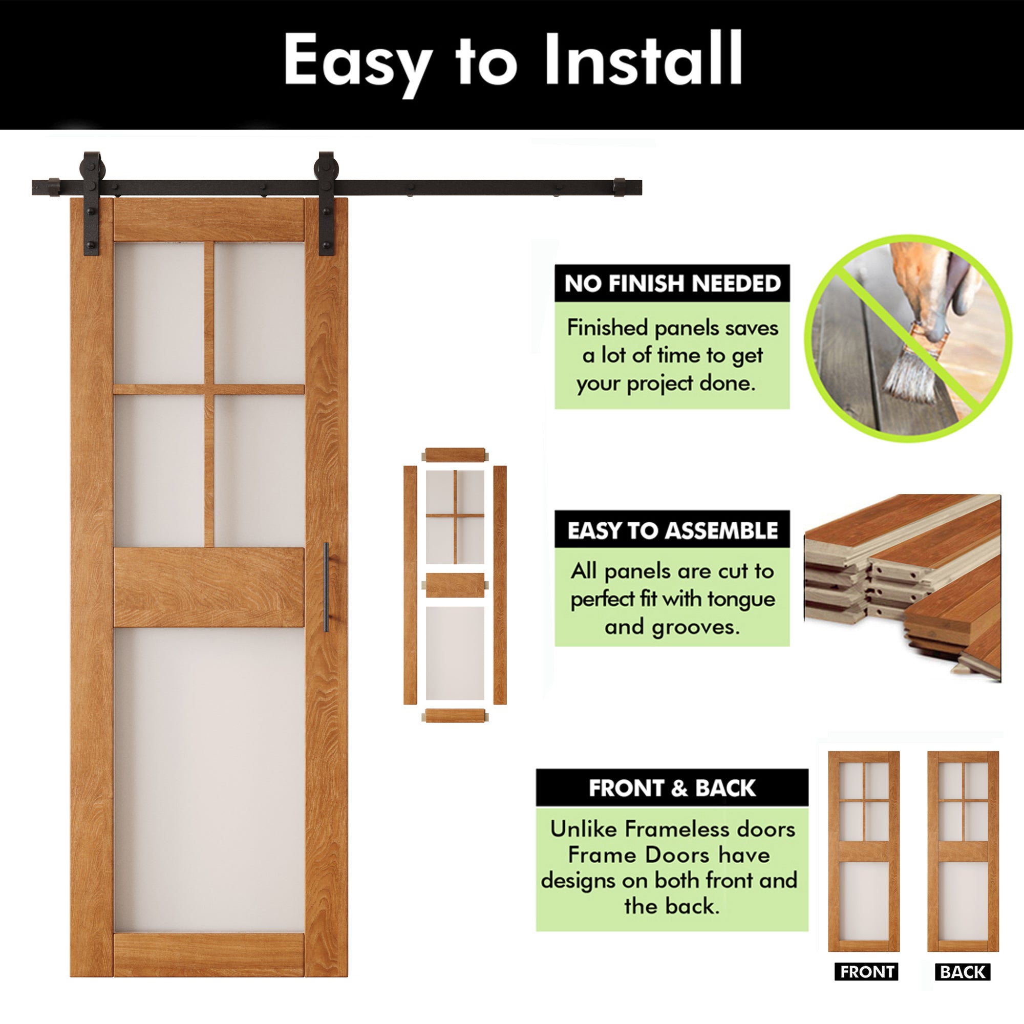84" Height Early American 5-Lite Frosted Glass Unassembled & Finished Pine Wood Barn Door with Non-Bypass Installation Hardware Kit (Interior Use Only)