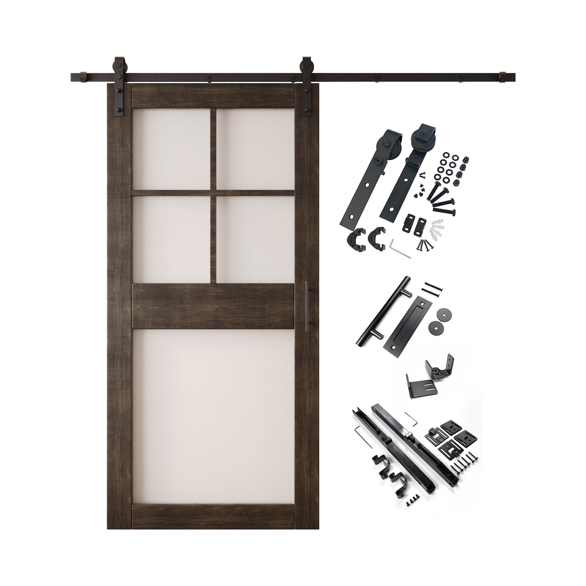 84" Height Ebony 5-Lite Frosted Glass Unassembled & Finished Pine Wood Barn Door with Non-Bypass Installation Hardware Kit (Interior Use Only)