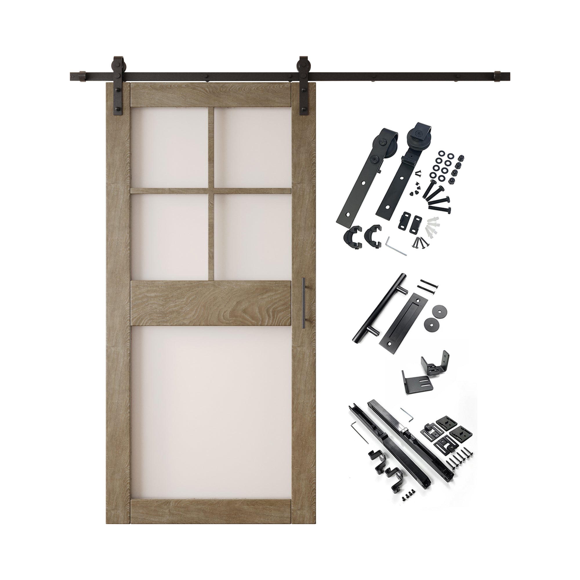 84" Height Classic Gray 5-Lite Frosted Glass Unassembled & Finished Pine Wood Barn Door with Non-Bypass Installation Hardware Kit (Interior Use Only)