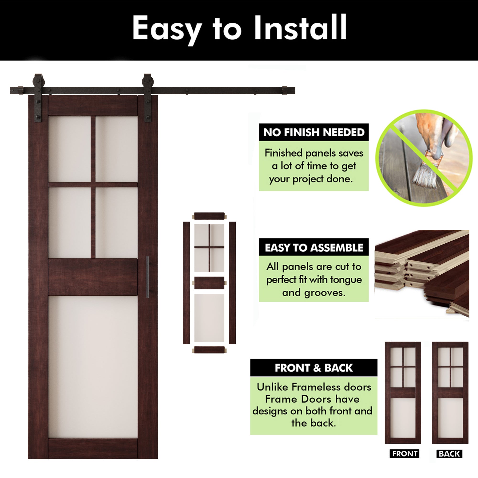 84" Height Red Mahogany 5-Lite Frosted Glass Unassembled & Finished Pine Wood Barn Door with Non-Bypass Installation Hardware Kit (Interior Use Only)