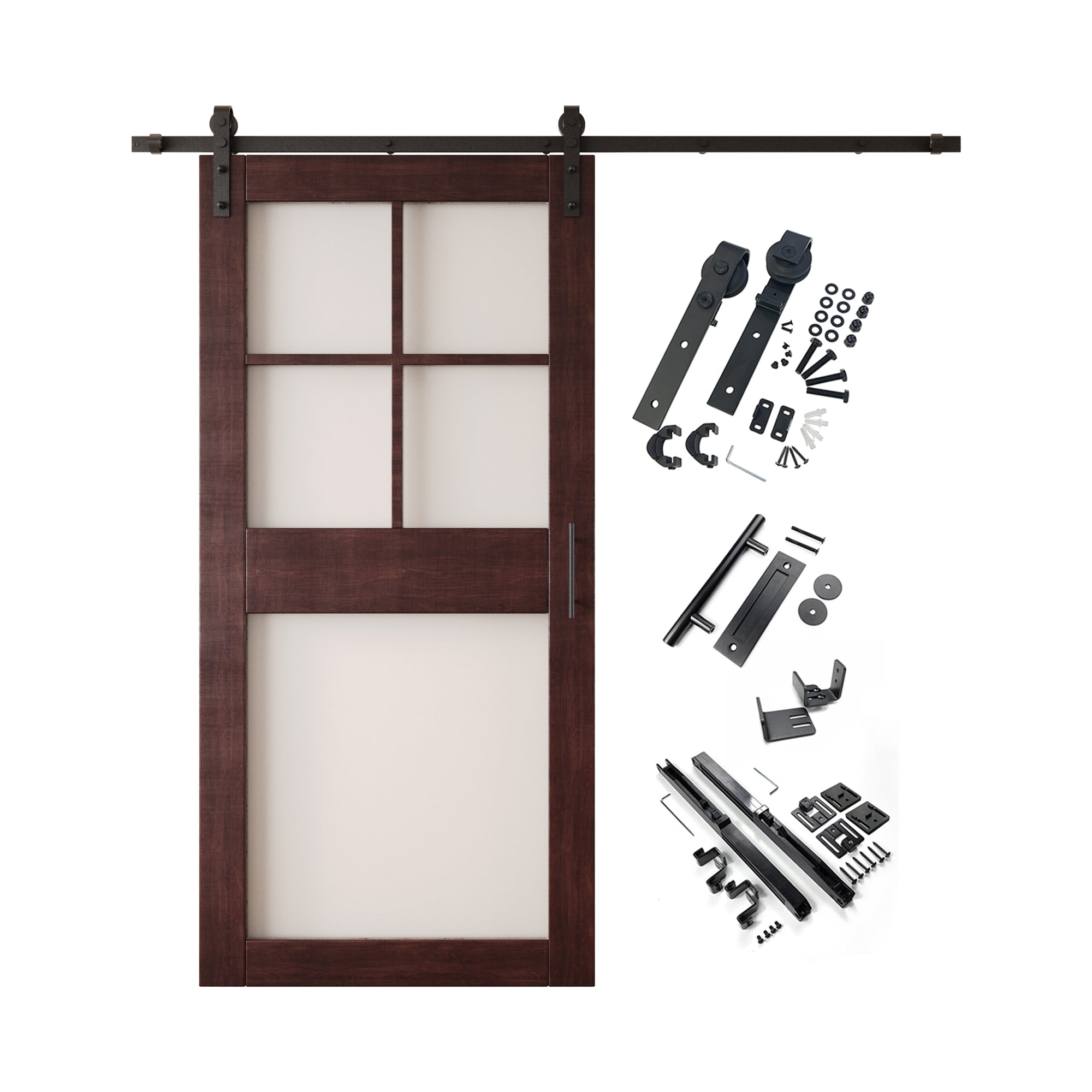 84" Height Red Mahogany 5-Lite Frosted Glass Unassembled & Finished Pine Wood Barn Door with Non-Bypass Installation Hardware Kit (Interior Use Only)