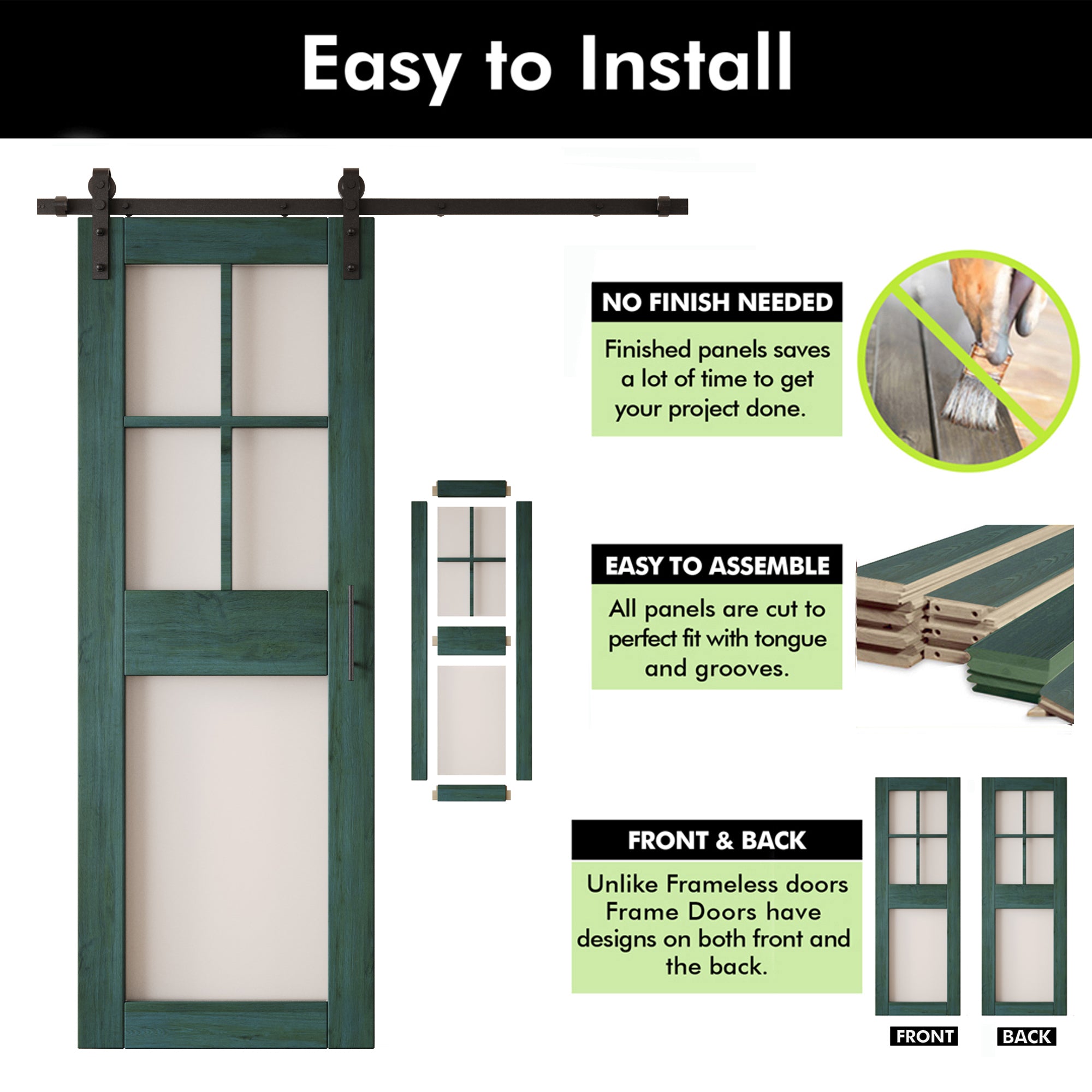 84" Height Royal Pine 5-Lite Frosted Glass Unassembled & Finished Pine Wood Barn Door with Non-Bypass Installation Hardware Kit (Interior Use Only)