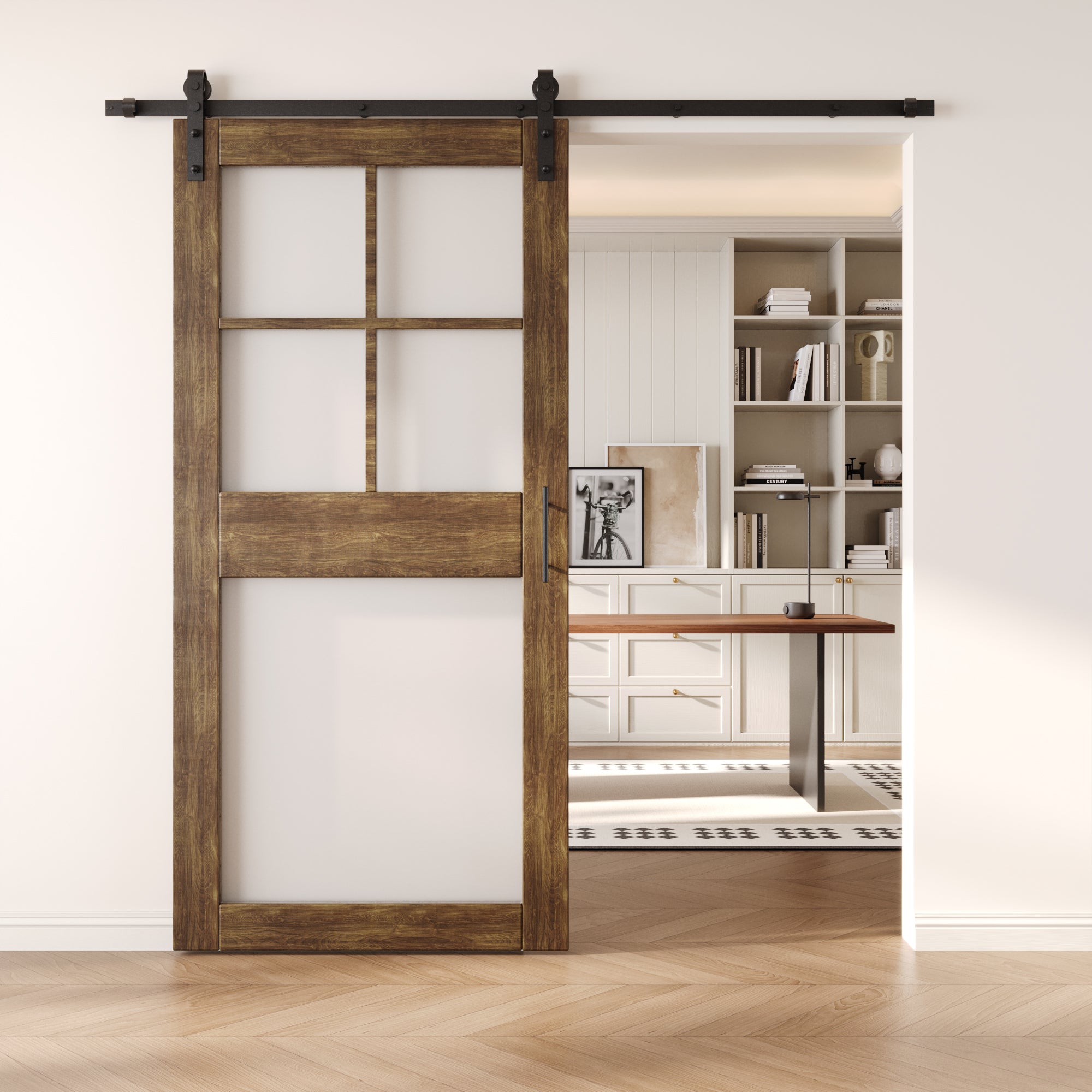 84" Height Dark Walnut 5-Lite Frosted Glass Unassembled & Finished Pine Wood Barn Door with Non-Bypass Installation Hardware Kit (Interior Use Only)