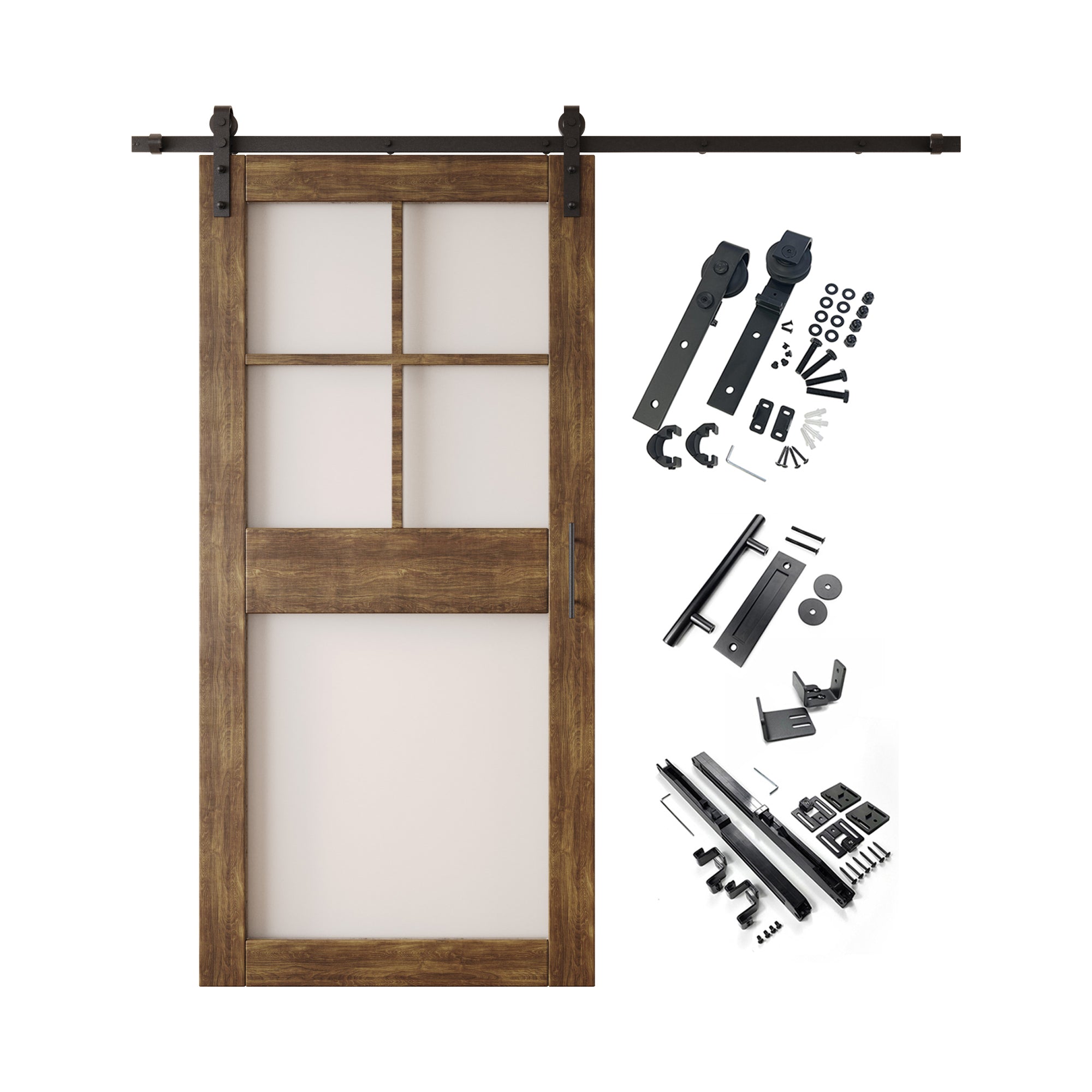 84" Height Dark Walnut 5-Lite Frosted Glass Unassembled & Finished Pine Wood Barn Door with Non-Bypass Installation Hardware Kit (Interior Use Only)
