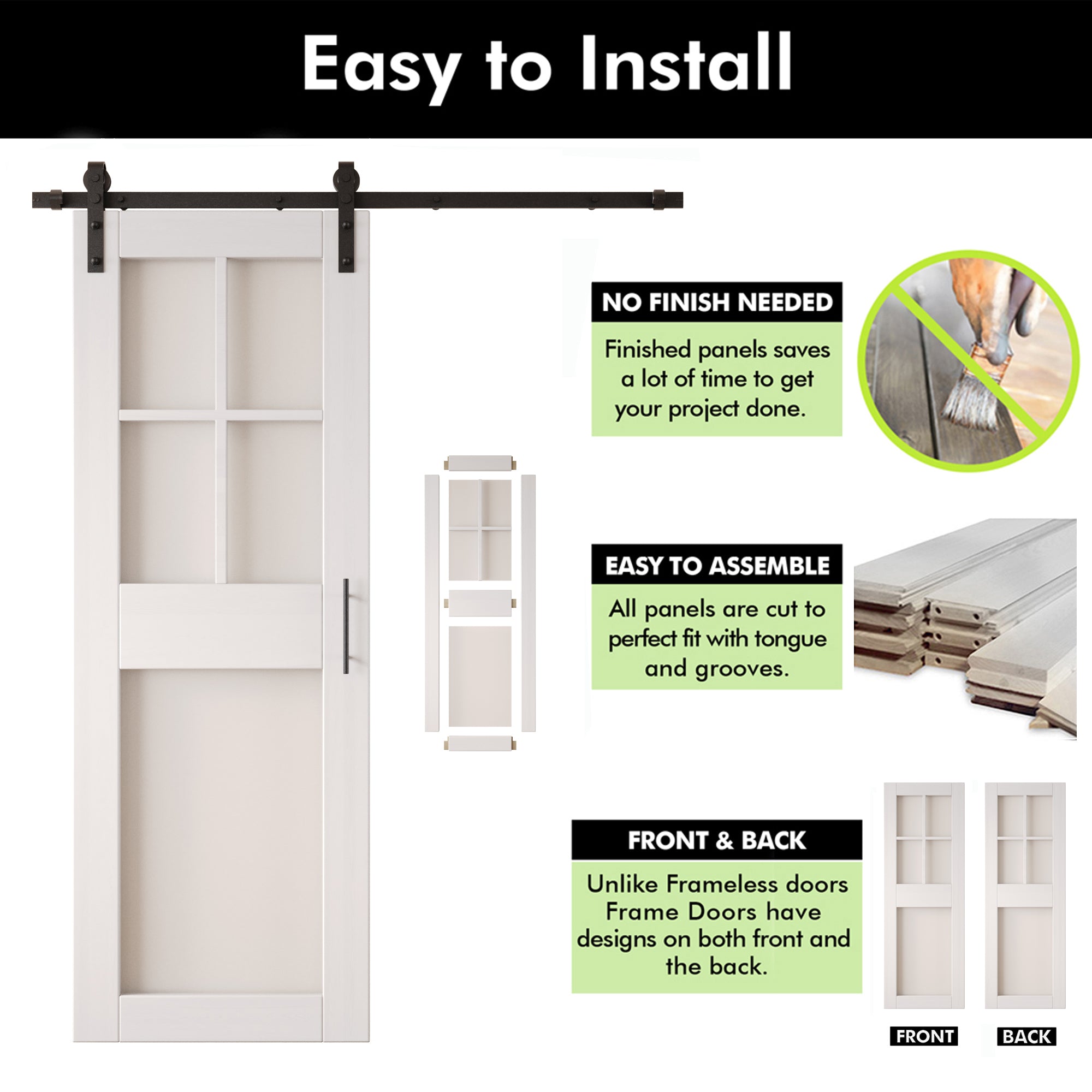 84" Height White 5-Lite Frosted Glass Unassembled & Finished Pine Wood Barn Door with Non-Bypass Installation Hardware Kit (Interior Use Only)
