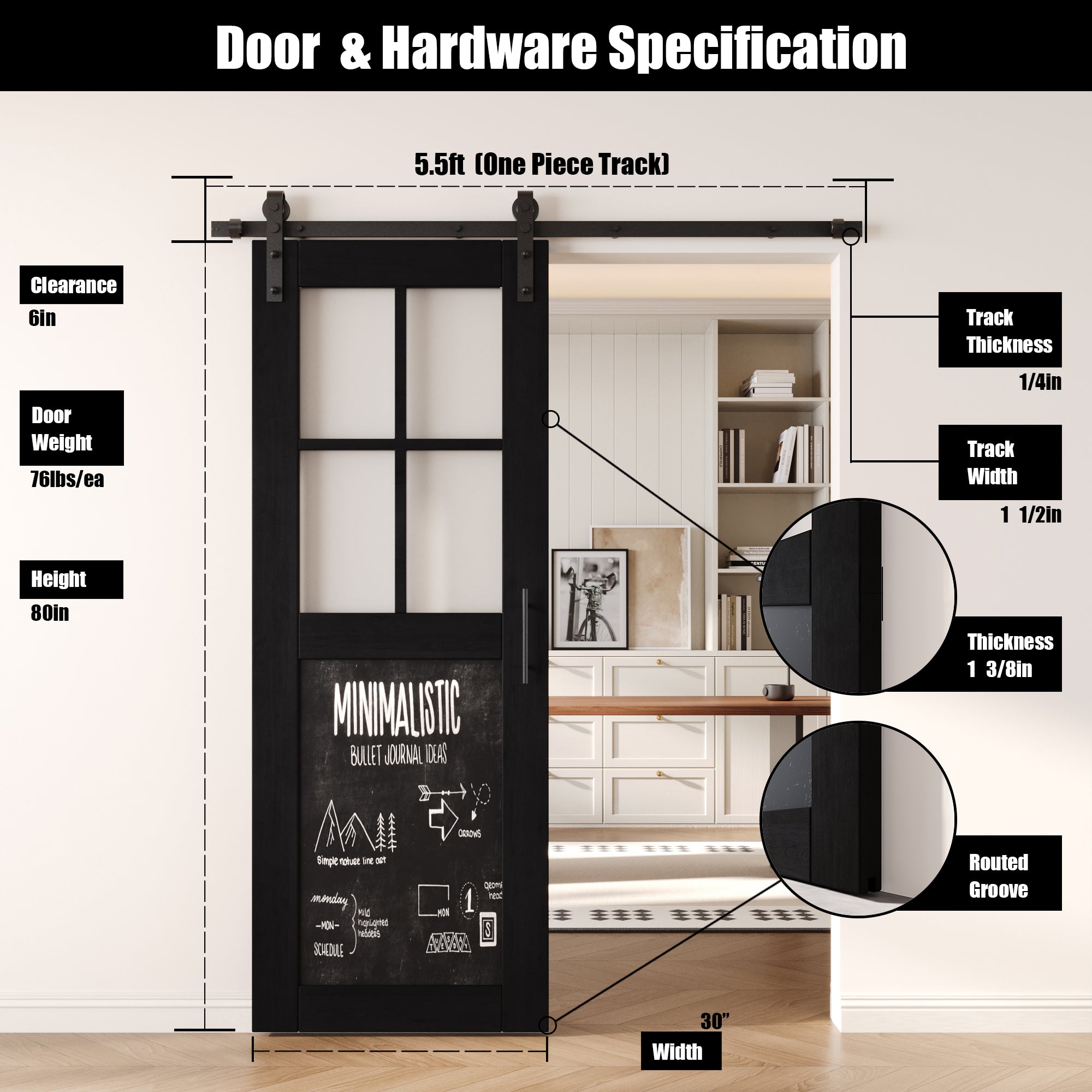 80" Height Black Half Lite Chalkboard Unassembled & Finished Pine Wood Barn Door with Non-Bypass Installation Hardware Kit (Interior Use Only)