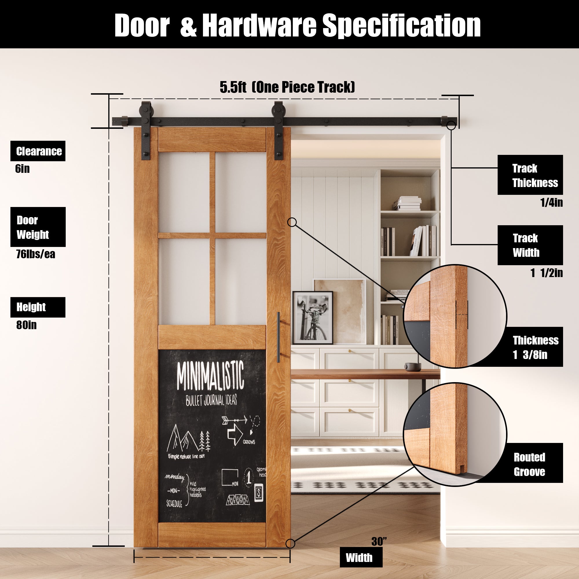 80" Height Early American Half Lite Chalkboard Unassembled & Finished Pine Wood Barn Door with Non-Bypass Installation Hardware Kit (Interior Use Only)