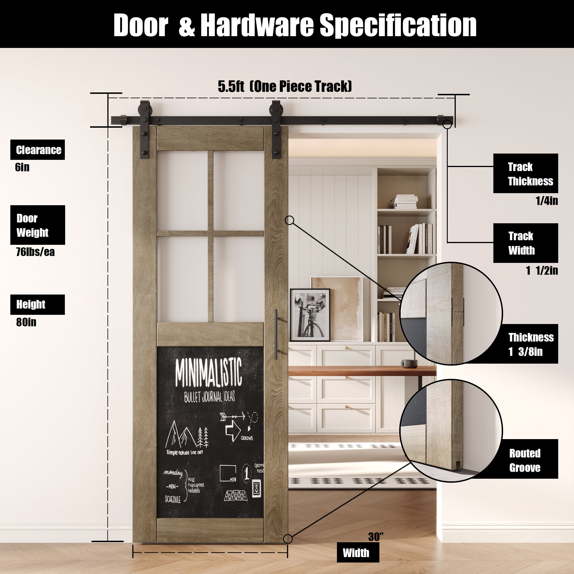 80" Height Classic Gray Half Lite Chalkboard Unassembled & Finished Pine Wood Barn Door with Non-Bypass Installation Hardware Kit (Interior Use Only)
