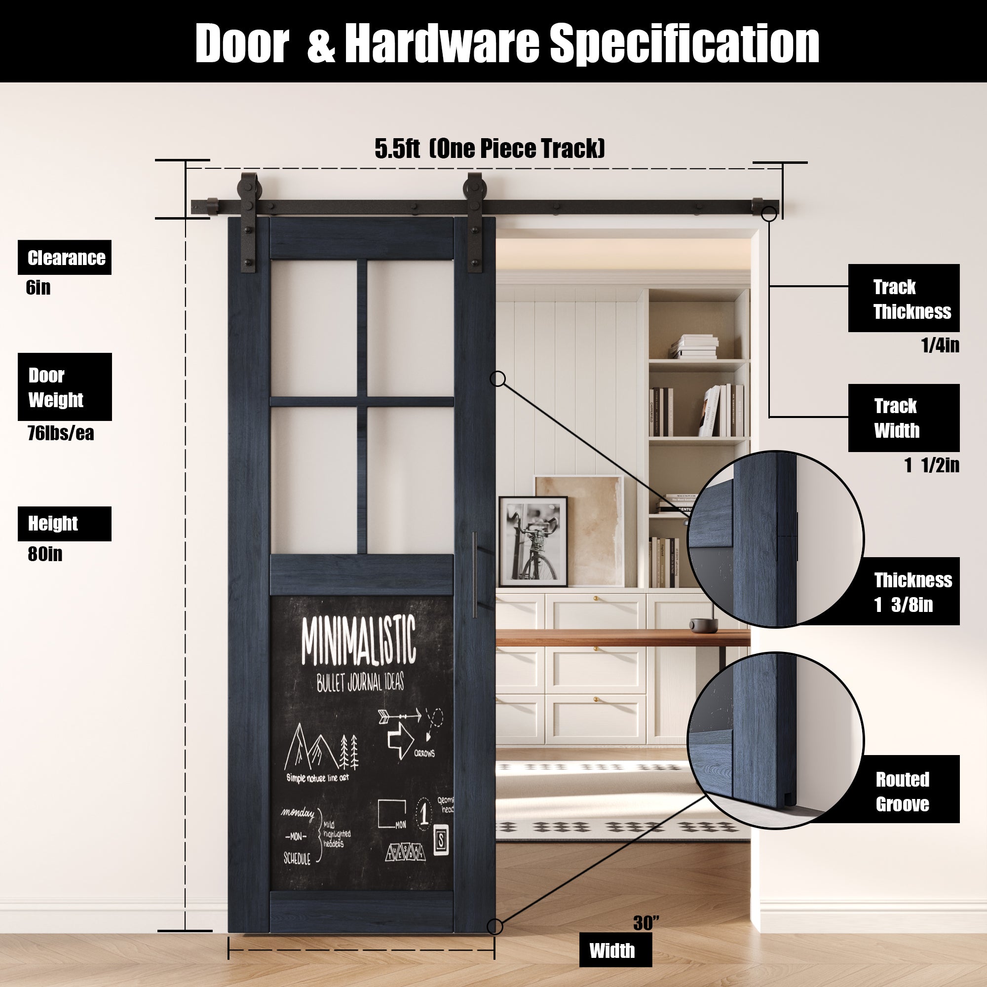 80" Height Navy Half Lite Chalkboard Unassembled & Finished Pine Wood Barn Door with Non-Bypass Installation Hardware Kit (Interior Use Only)