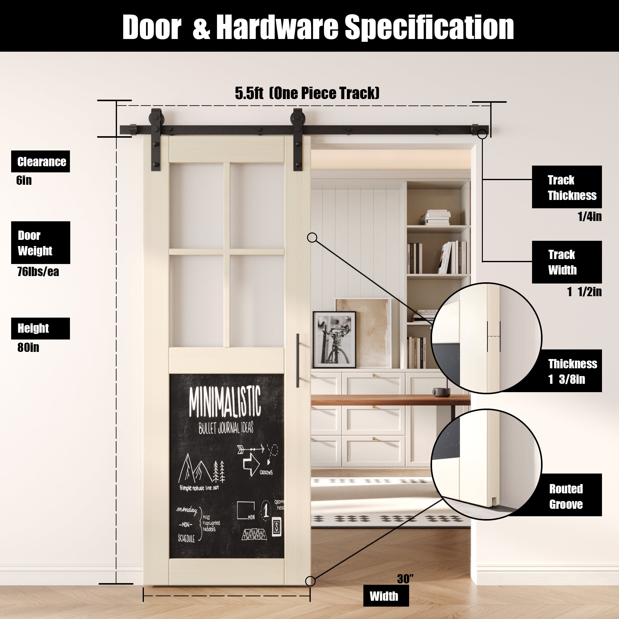 80" Height Tinsmith Gray Half Lite Chalkboard Unassembled & Finished Pine Wood Barn Door with Non-Bypass Installation Hardware Kit (Interior Use Only)