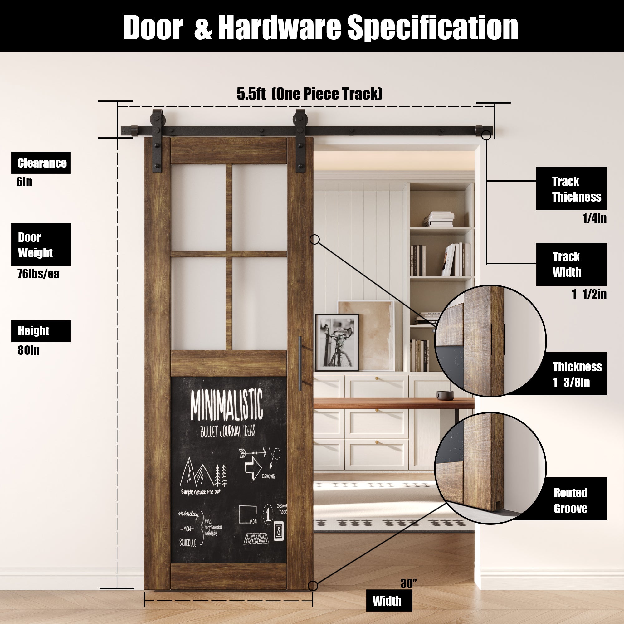 80" Height Dark Walnut Half Lite Chalkboard Unassembled & Finished Pine Wood Barn Door with Non-Bypass Installation Hardware Kit (Interior Use Only)