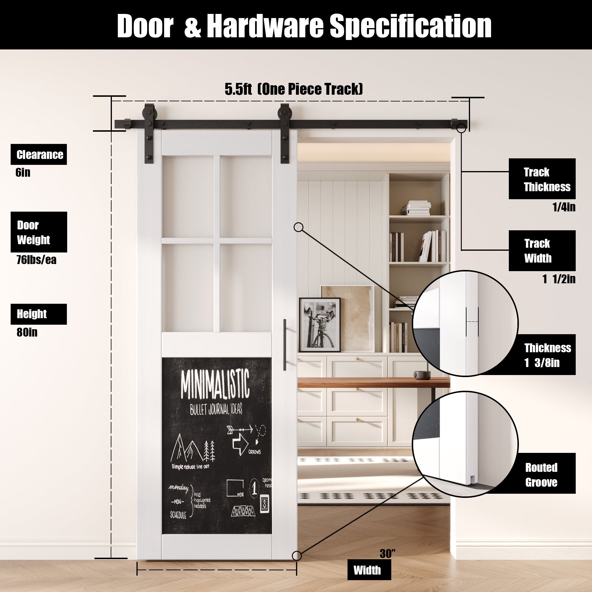 80" Height White Half Lite Chalkboard Unassembled & Finished Pine Wood Barn Door with Non-Bypass Installation Hardware Kit (Interior Use Only)