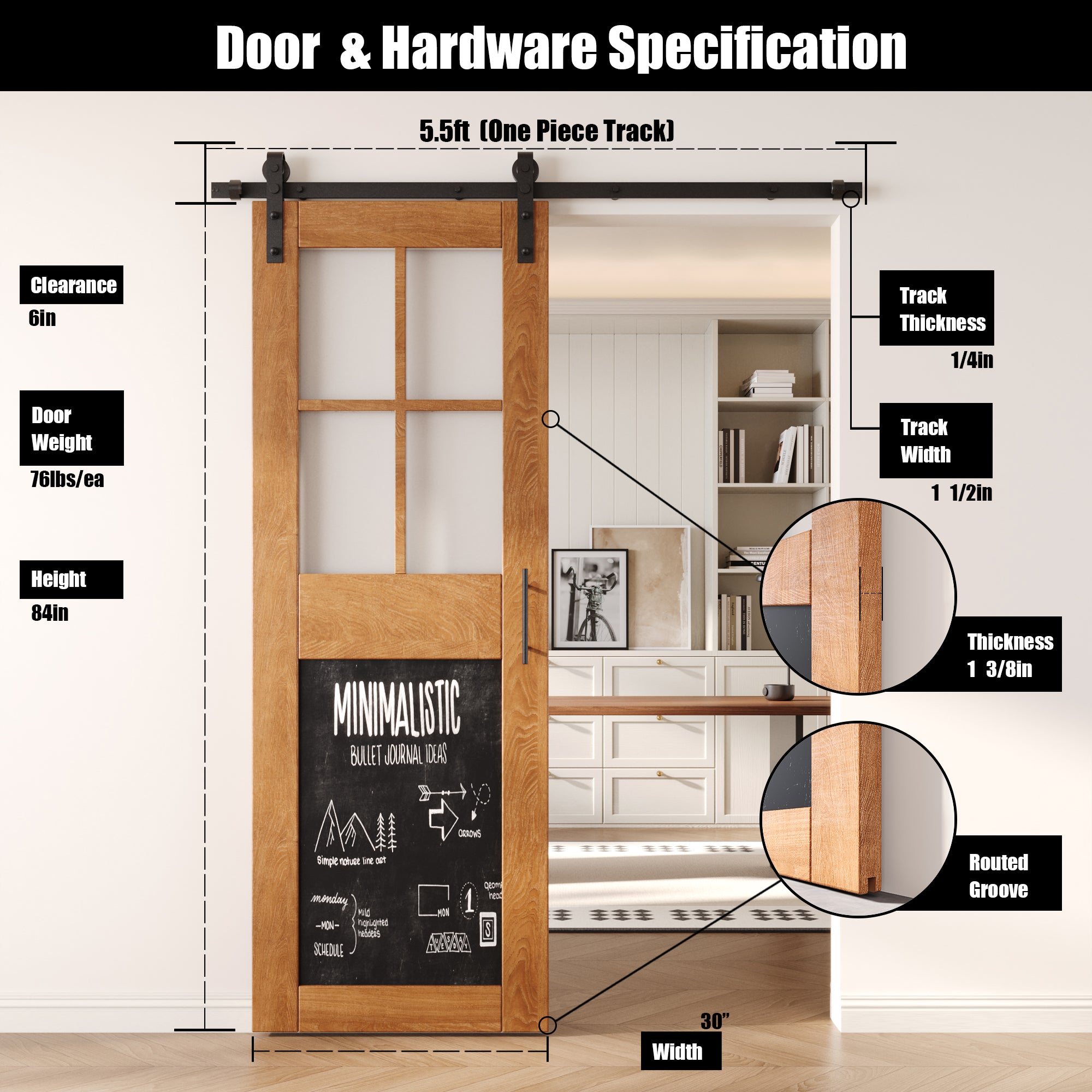 84" Height Early American Half Lite Chalkboard Unassembled & Finished Pine Wood Barn Door with Non-Bypass Installation Hardware Kit (Interior Use Only)