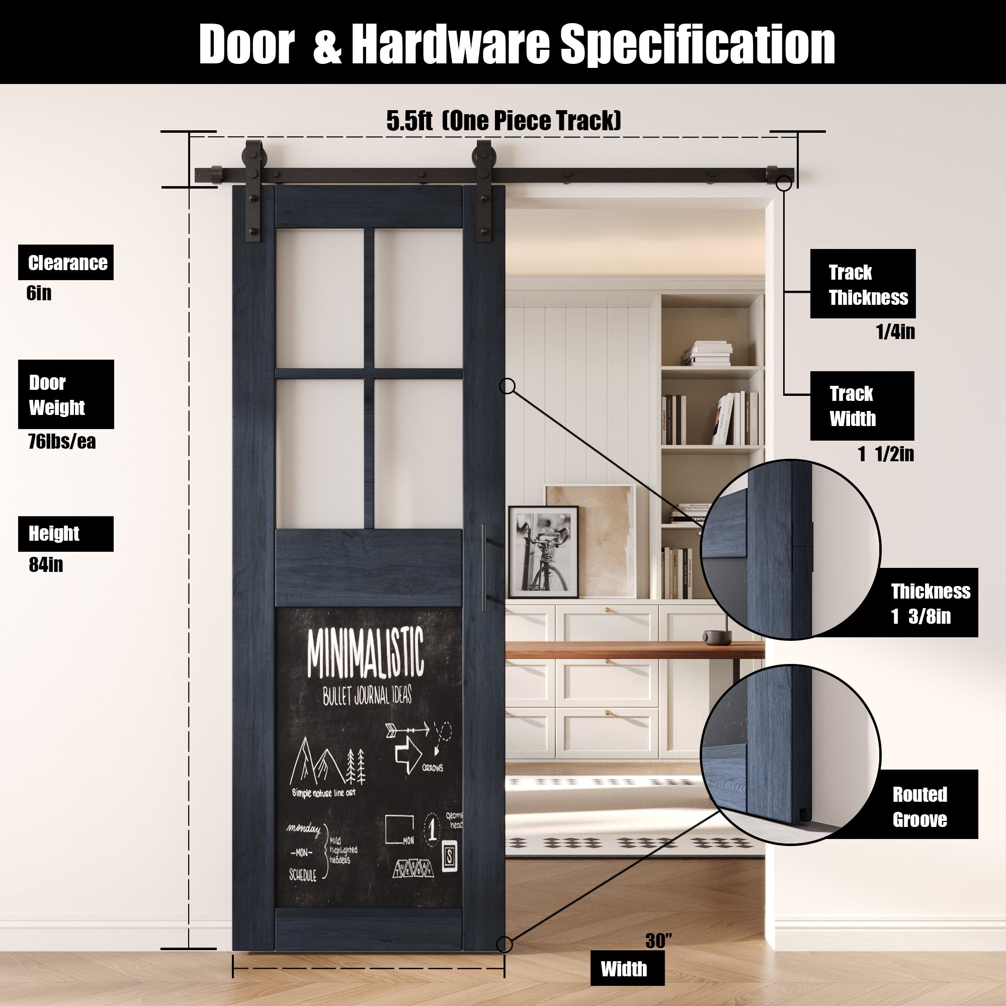 84" Height Navy Half Lite Chalkboard Unassembled & Finished Pine Wood Barn Door with Non-Bypass Installation Hardware Kit (Interior Use Only)