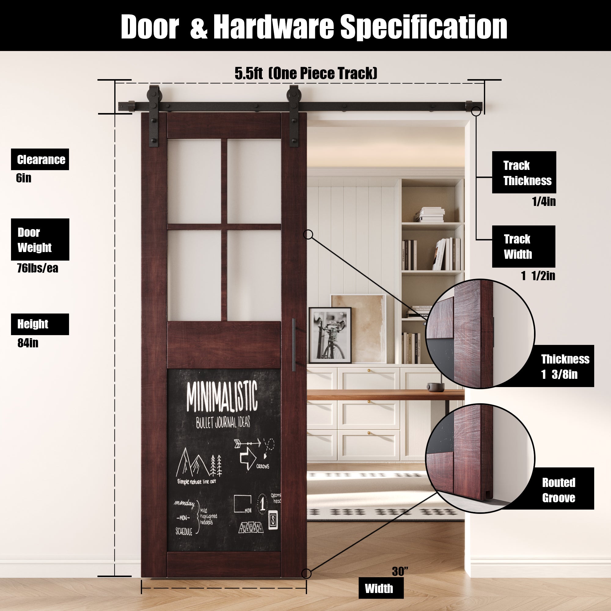 84" Height Red Mahogany Half Lite Chalkboard Unassembled & Finished Pine Wood Barn Door with Non-Bypass Installation Hardware Kit (Interior Use Only)