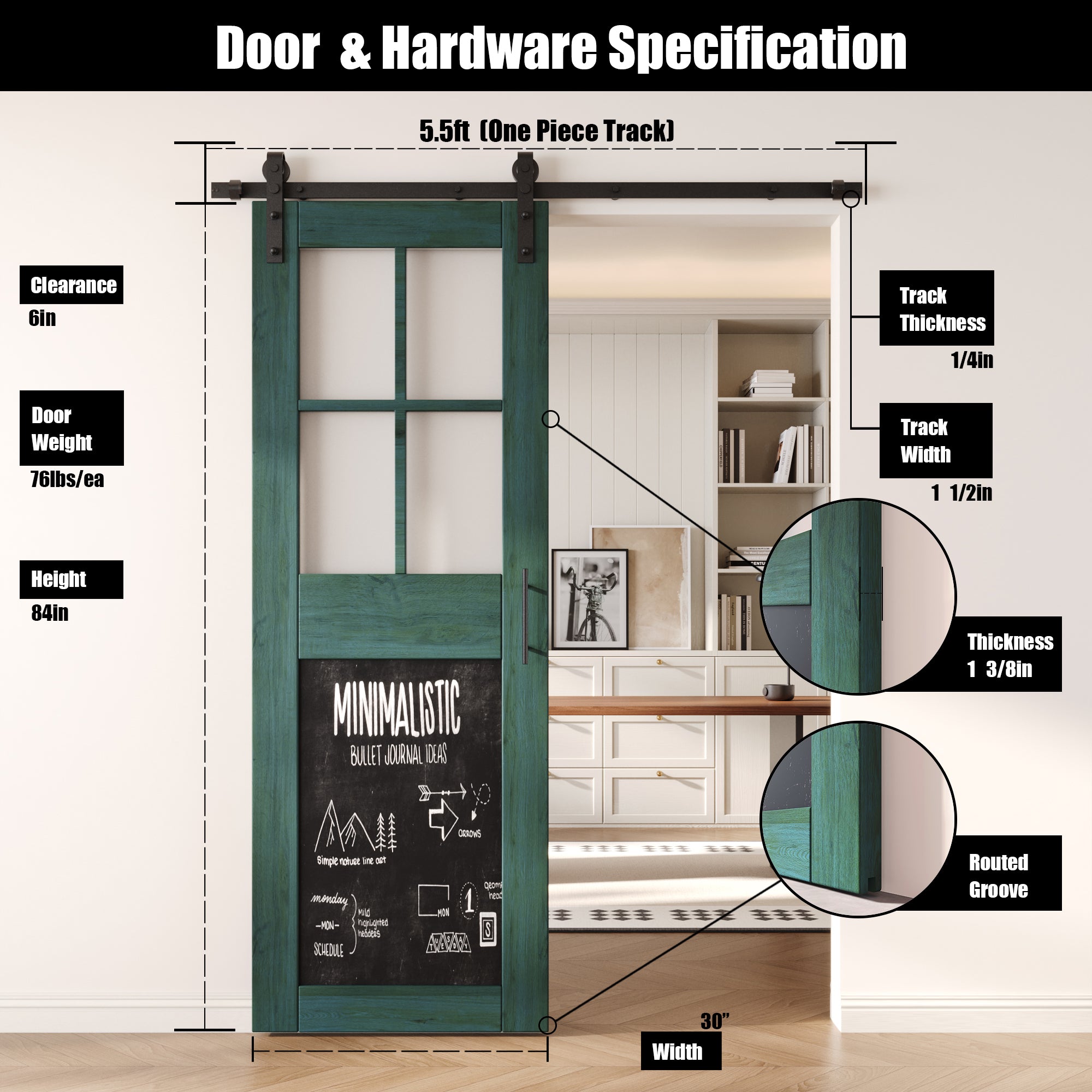 84" Height Royal Pine Half Lite Chalkboard Unassembled & Finished Pine Wood Barn Door with Non-Bypass Installation Hardware Kit (Interior Use Only)