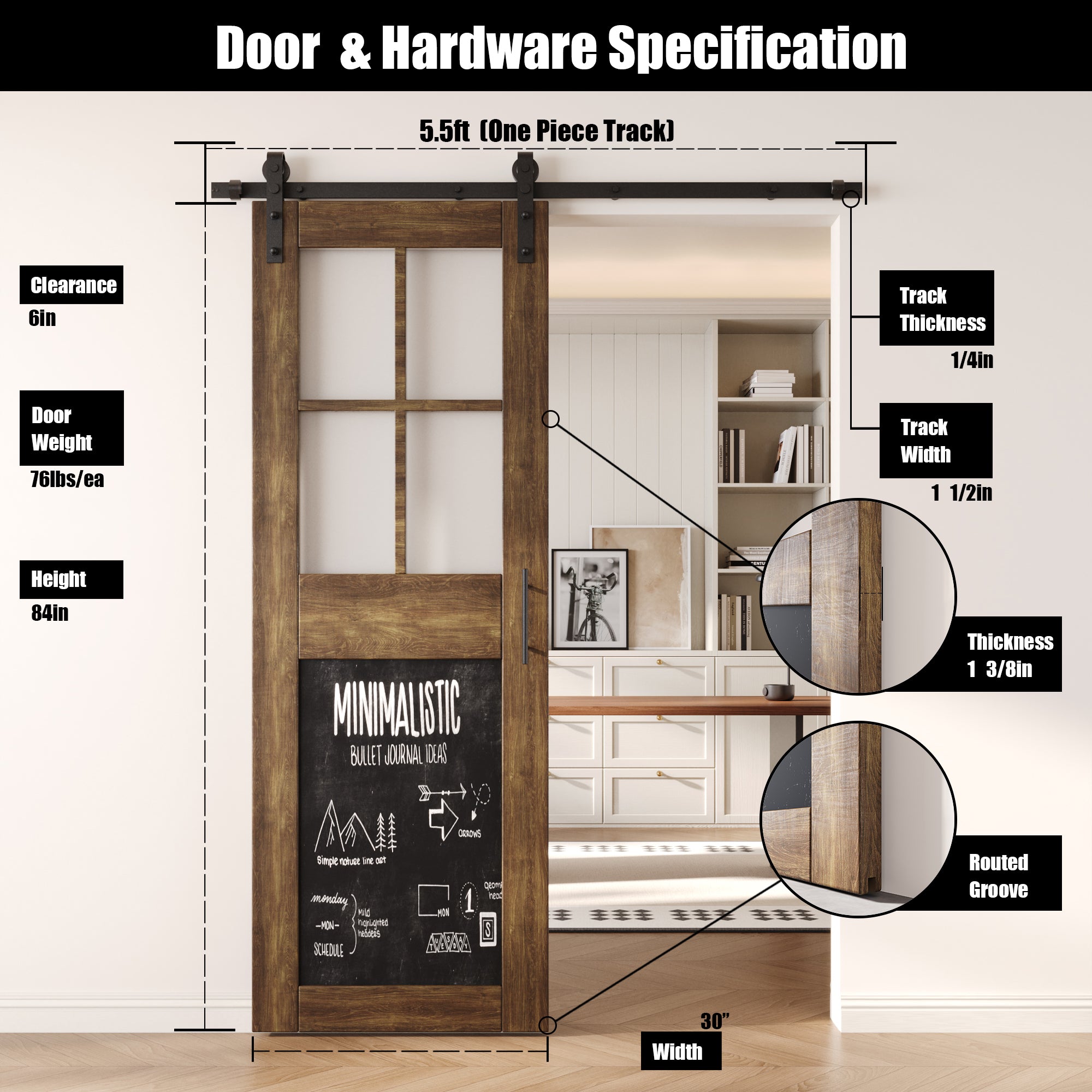 84" Height Dark Walnut Half Lite Chalkboard Unassembled & Finished Pine Wood Barn Door with Non-Bypass Installation Hardware Kit (Interior Use Only)