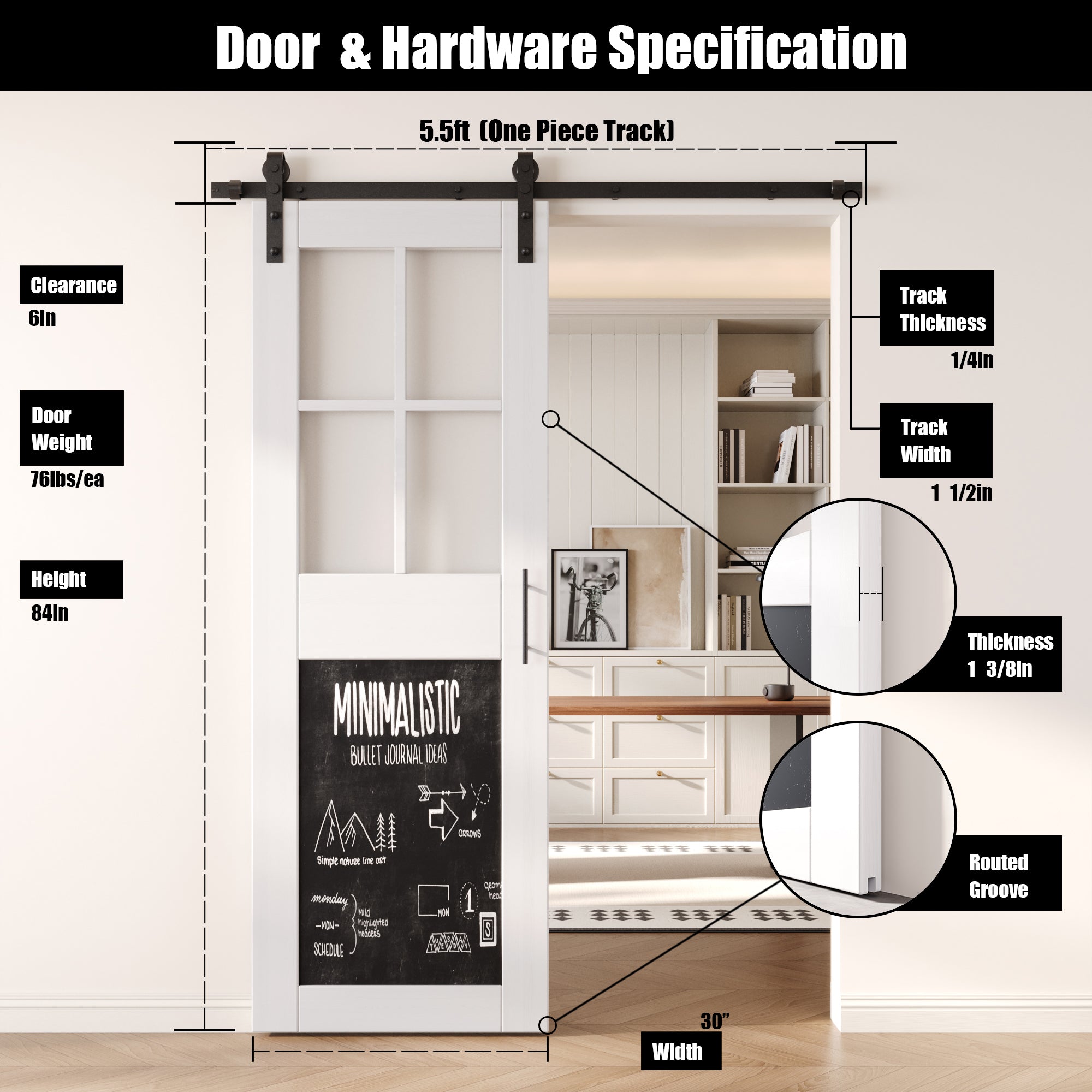 84" Height White Half Lite Chalkboard Unassembled & Finished Pine Wood Barn Door with Non-Bypass Installation Hardware Kit (Interior Use Only)