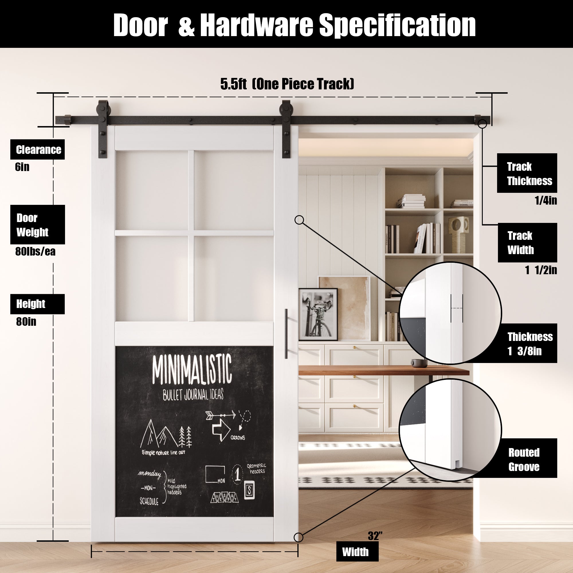 80" Height White Half Lite Chalkboard Unassembled & Finished Pine Wood Barn Door with Non-Bypass Installation Hardware Kit (Interior Use Only)