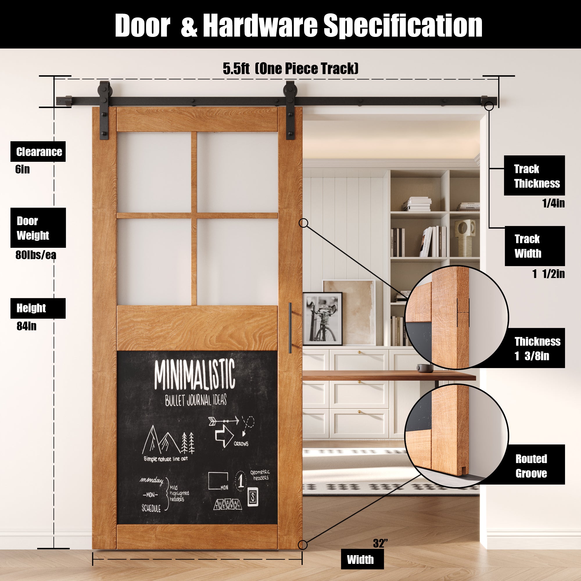 84" Height Early American Half Lite Chalkboard Unassembled & Finished Pine Wood Barn Door with Non-Bypass Installation Hardware Kit (Interior Use Only)