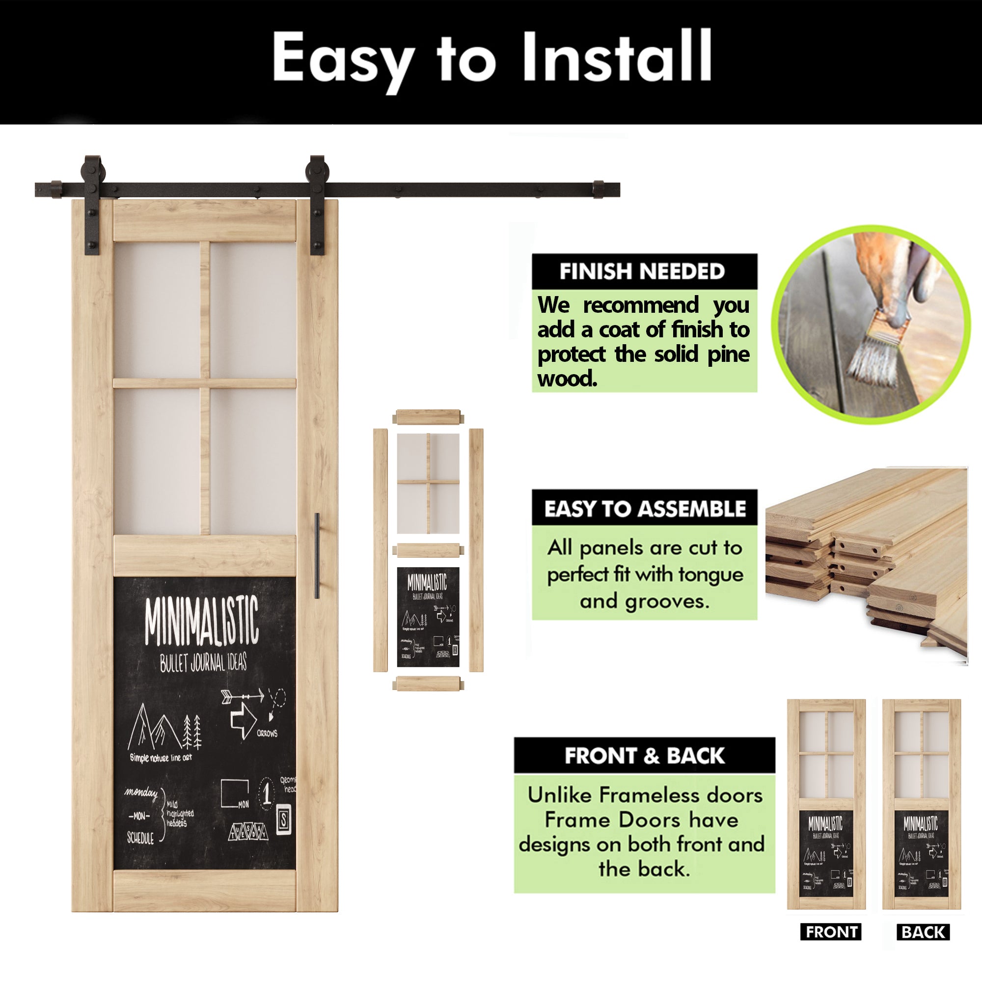 80" Height Half Lite Chalkboard Unassembled & Unfinished Pine Wood Barn Door with Non-Bypass Installation Hardware Kit (Interior Use Only)