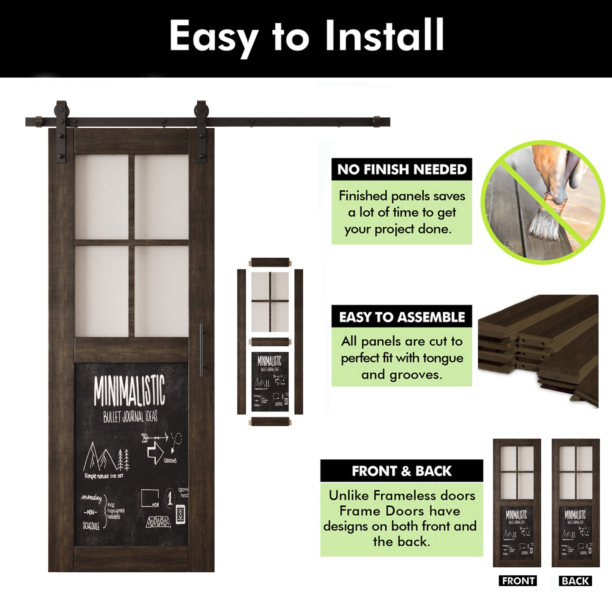 80" Height Ebony Half Lite Chalkboard Unassembled & Finished Pine Wood Barn Door with Non-Bypass Installation Hardware Kit (Interior Use Only)