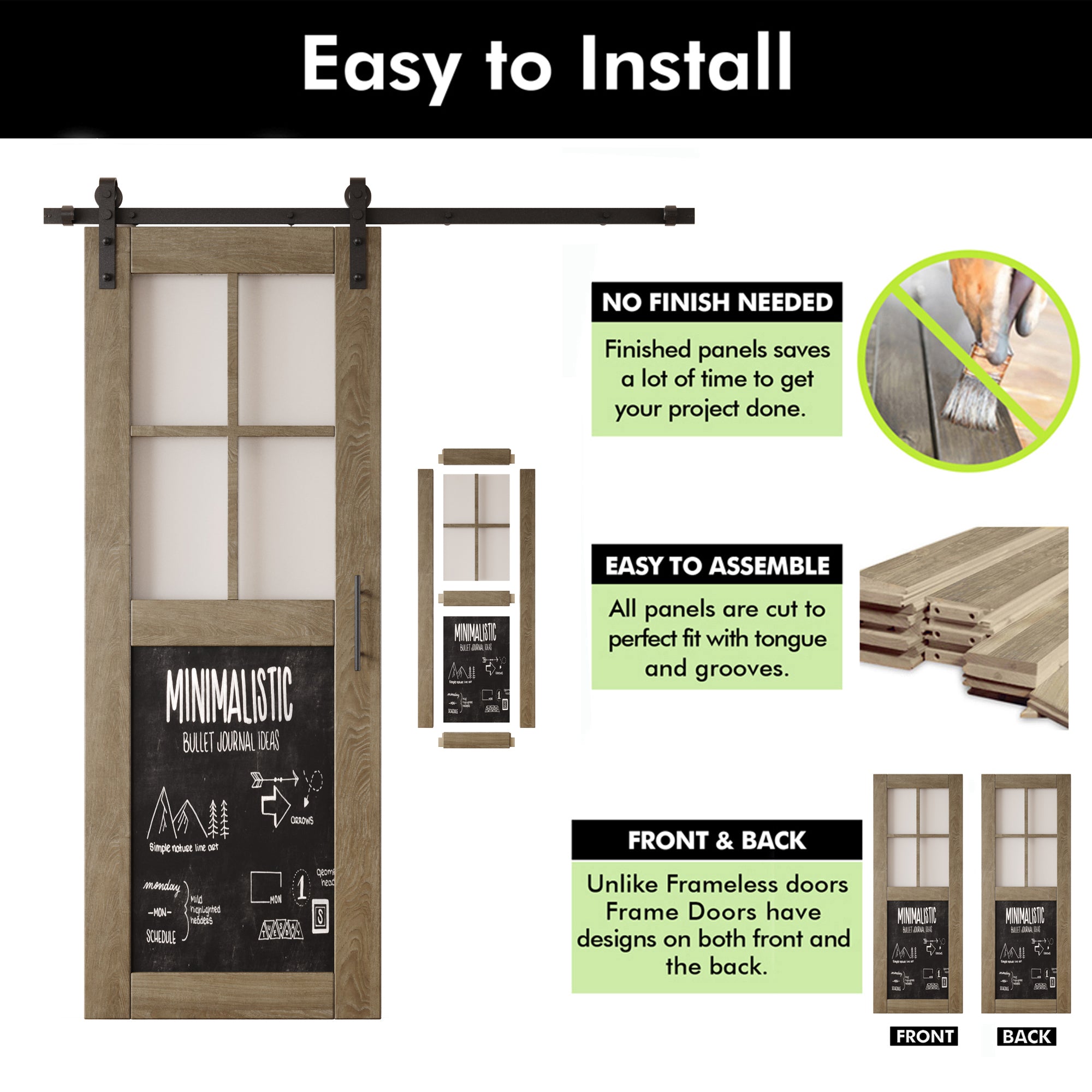 80" Height Classic Gray Half Lite Chalkboard Unassembled & Finished Pine Wood Barn Door with Non-Bypass Installation Hardware Kit (Interior Use Only)