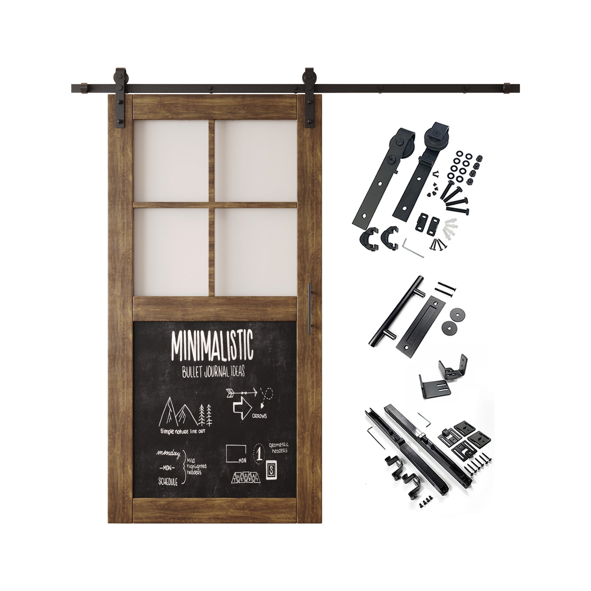 80" Height Dark Walnut Half Lite Chalkboard Unassembled & Finished Pine Wood Barn Door with Non-Bypass Installation Hardware Kit (Interior Use Only)
