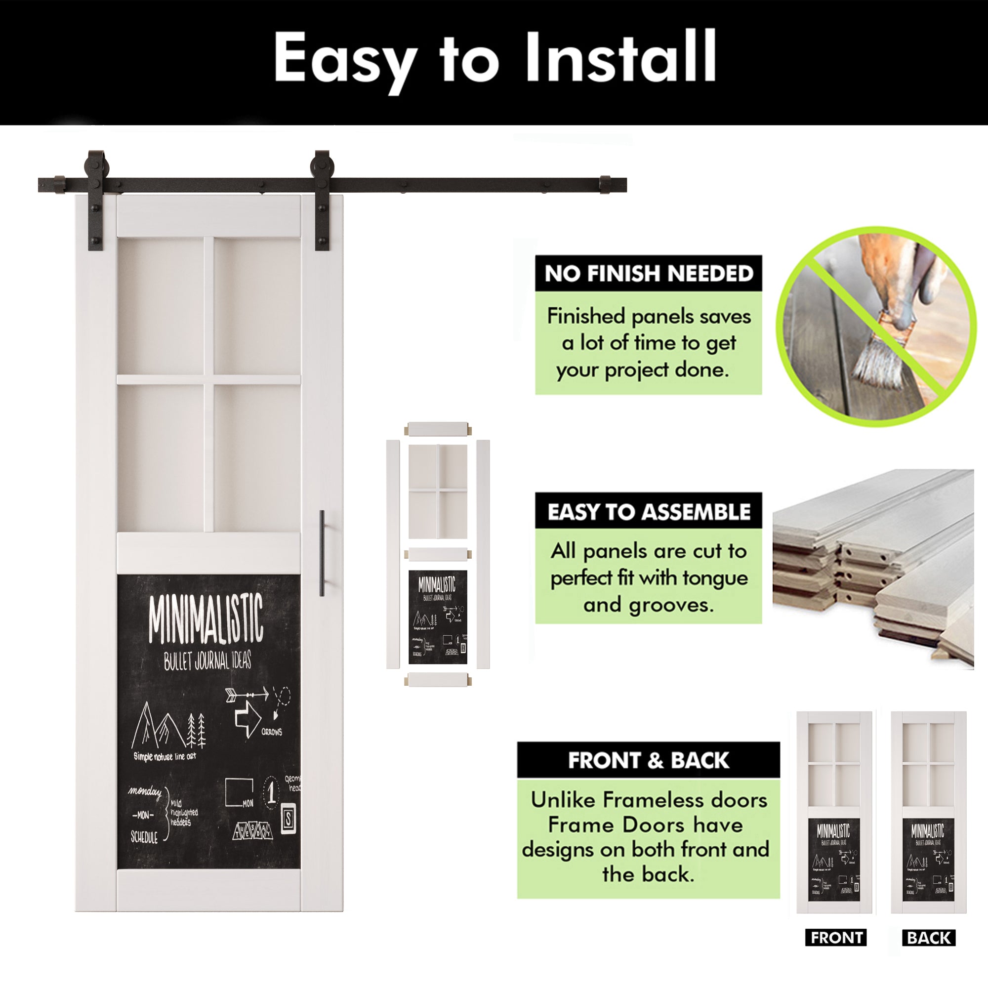 80" Height White Half Lite Chalkboard Unassembled & Finished Pine Wood Barn Door with Non-Bypass Installation Hardware Kit (Interior Use Only)