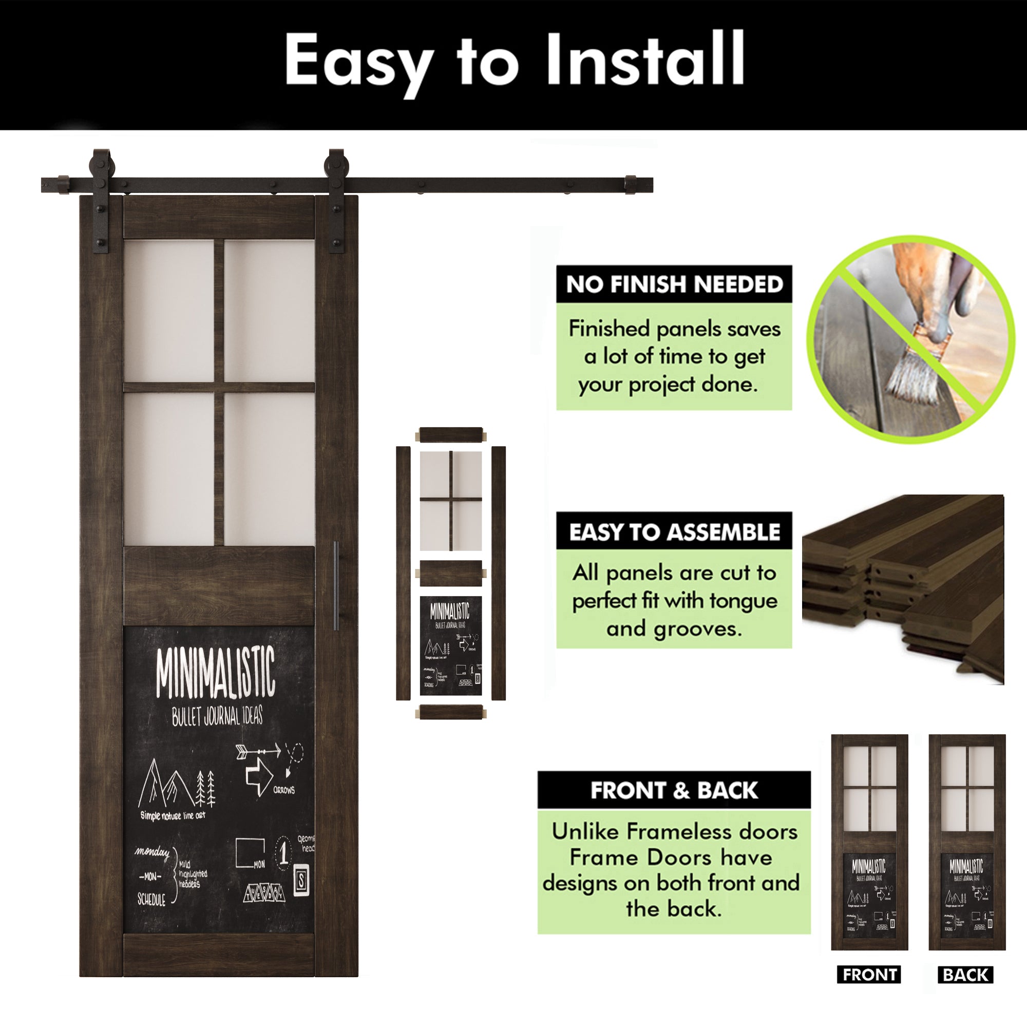 84" Height Ebony Half Lite Chalkboard Unassembled & Finished Pine Wood Barn Door with Non-Bypass Installation Hardware Kit (Interior Use Only)