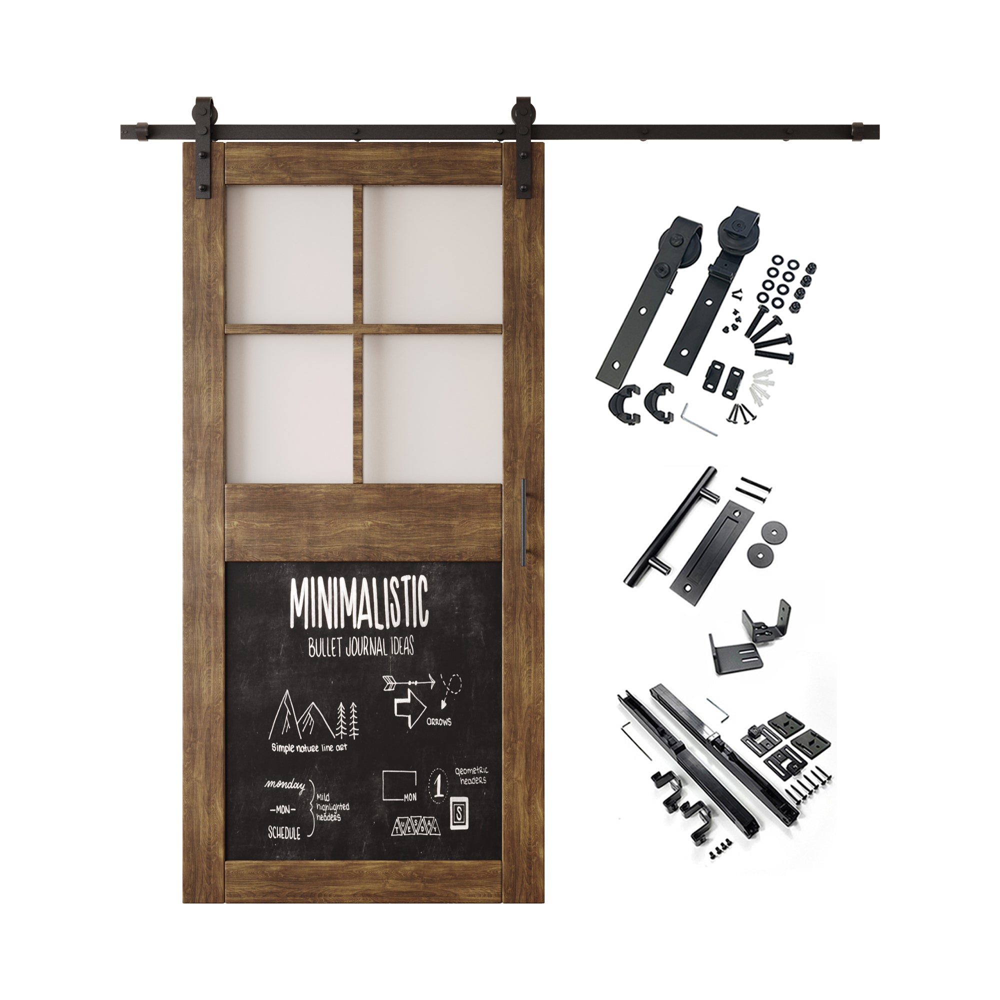 84" Height Dark Walnut Half Lite Chalkboard Unassembled & Finished Pine Wood Barn Door with Non-Bypass Installation Hardware Kit (Interior Use Only)