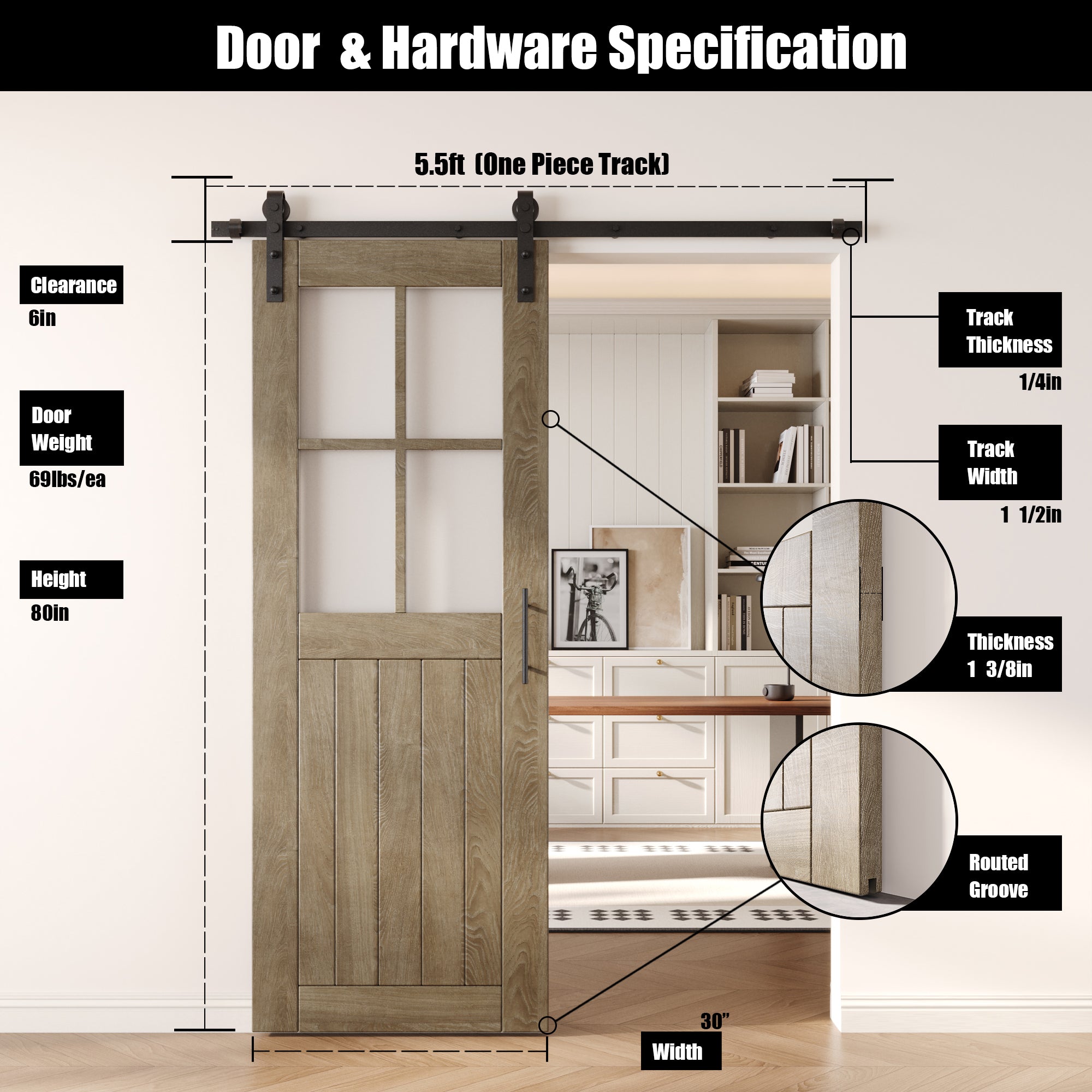 80" Height Classic Gray Half Lite Grid Glass Unassembled & Finished Pine Wood Barn Door with Non-Bypass Installation Hardware Kit (Interior Use Only)