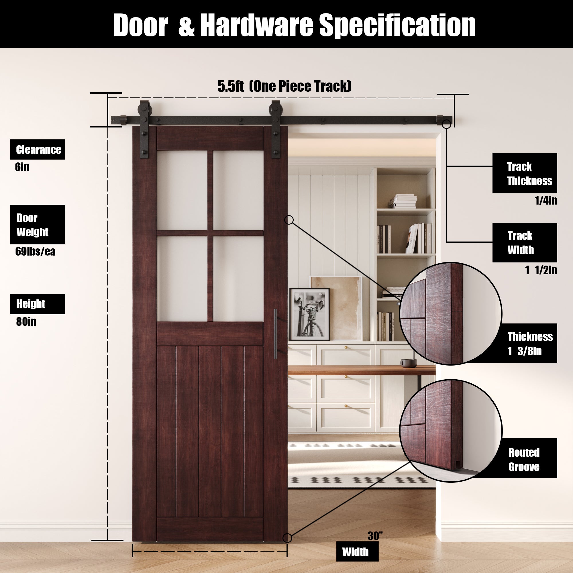 80" Height Red Mahogany Half Lite Grid Glass Unassembled & Finished Pine Wood Barn Door with Non-Bypass Installation Hardware Kit (Interior Use Only)