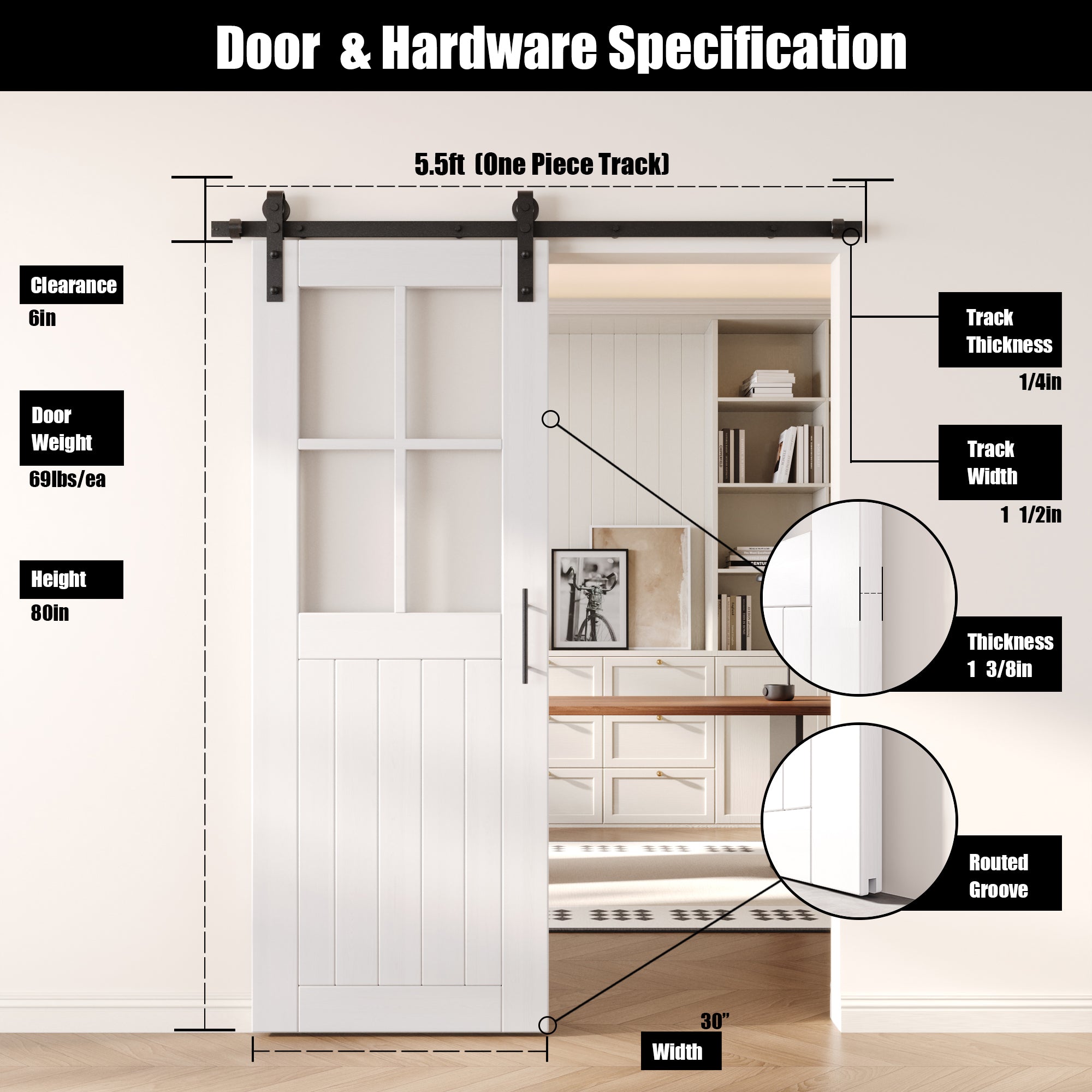 80" Height White Half Lite Grid Glass Unassembled & Finished Pine Wood Barn Door with Non-Bypass Installation Hardware Kit (Interior Use Only)