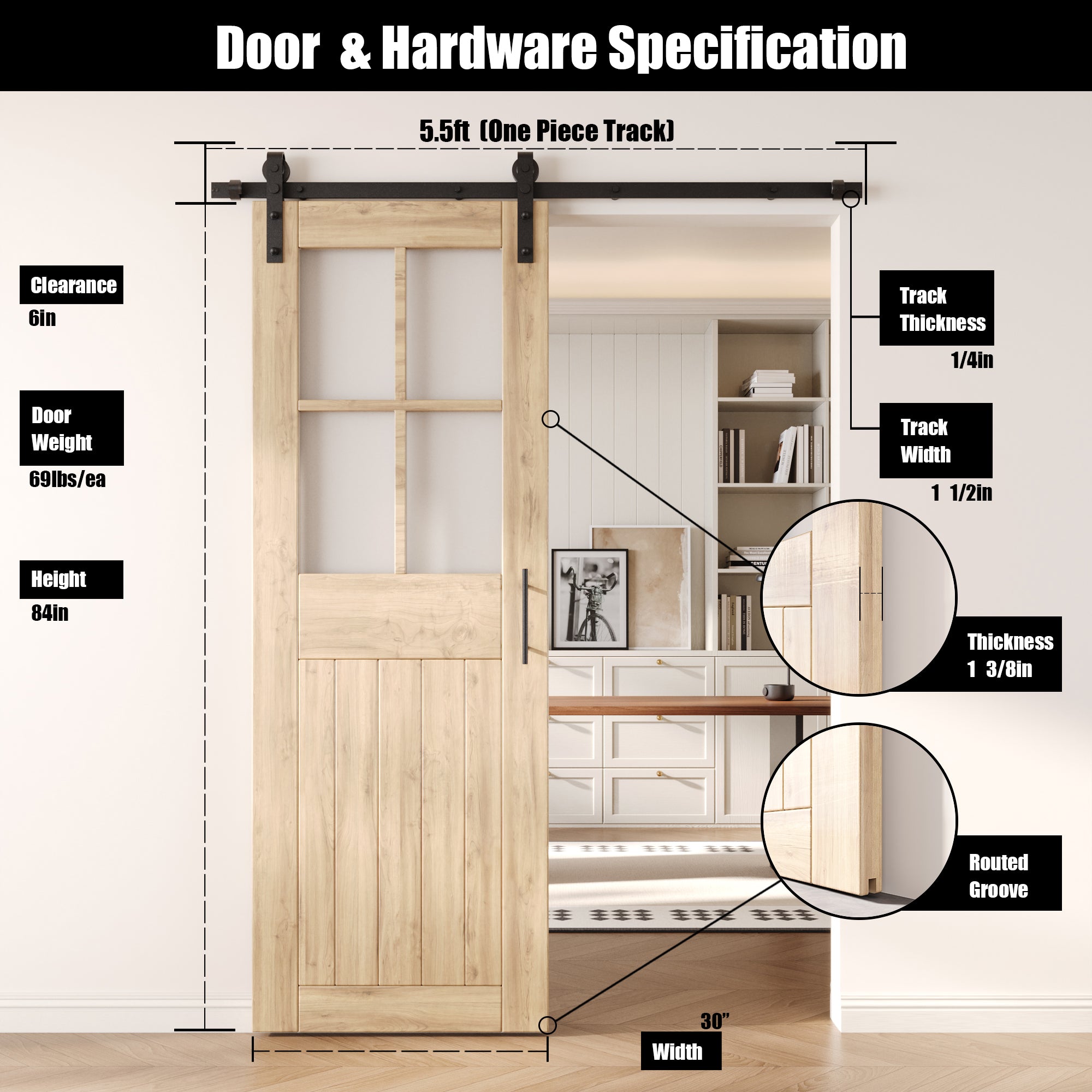 84" Height Half Lite Grid Glass Unassembled & Unfinished Pine Wood Barn Door with Non-Bypass Installation Hardware Kit (Interior Use Only)
