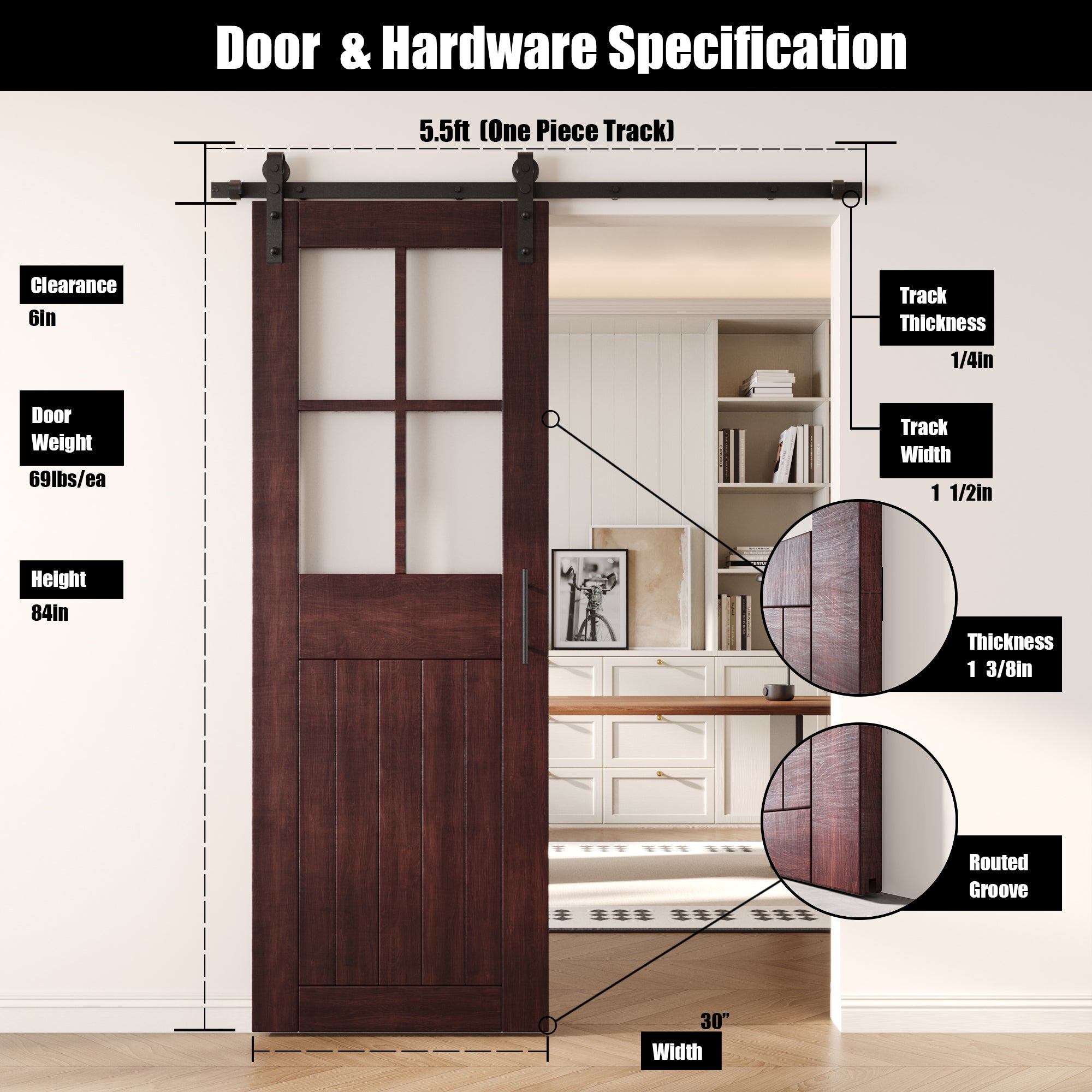 84" Height Red Mahogany Half Lite Grid Glass Unassembled & Finished Pine Wood Barn Door with Non-Bypass Installation Hardware Kit (Interior Use Only)