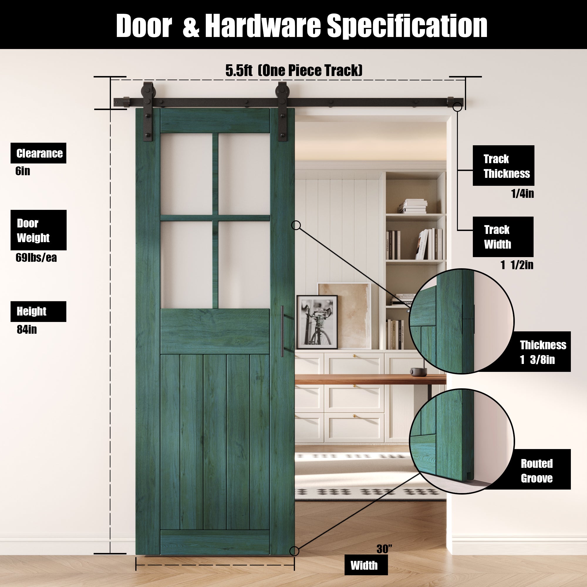 84" Height Royal Pine Half Lite Grid Glass Unassembled & Finished Pine Wood Barn Door with Non-Bypass Installation Hardware Kit (Interior Use Only)