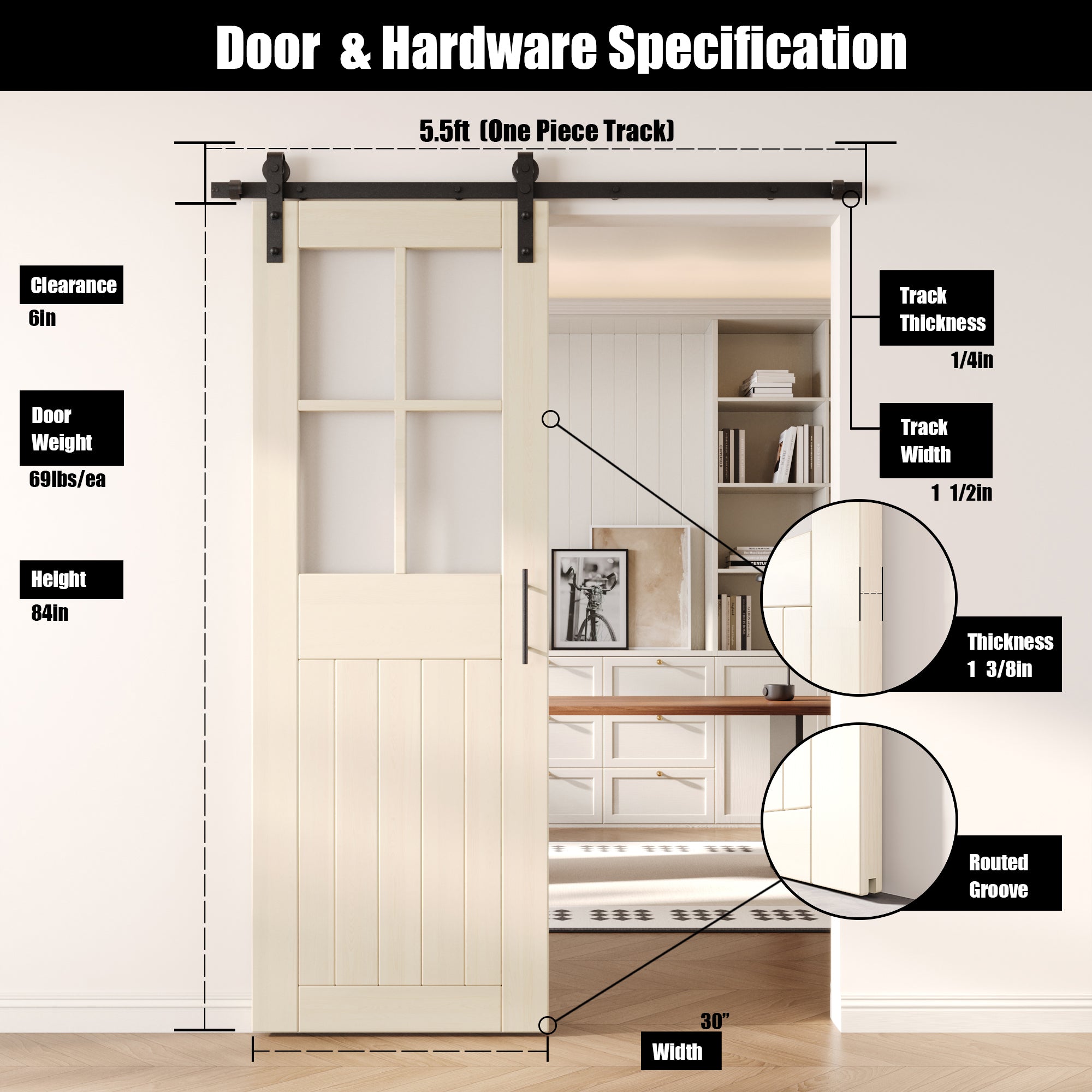 84" Height Tinsmith Gray Half Lite Grid Glass Unassembled & Finished Pine Wood Barn Door with Non-Bypass Installation Hardware Kit (Interior Use Only)