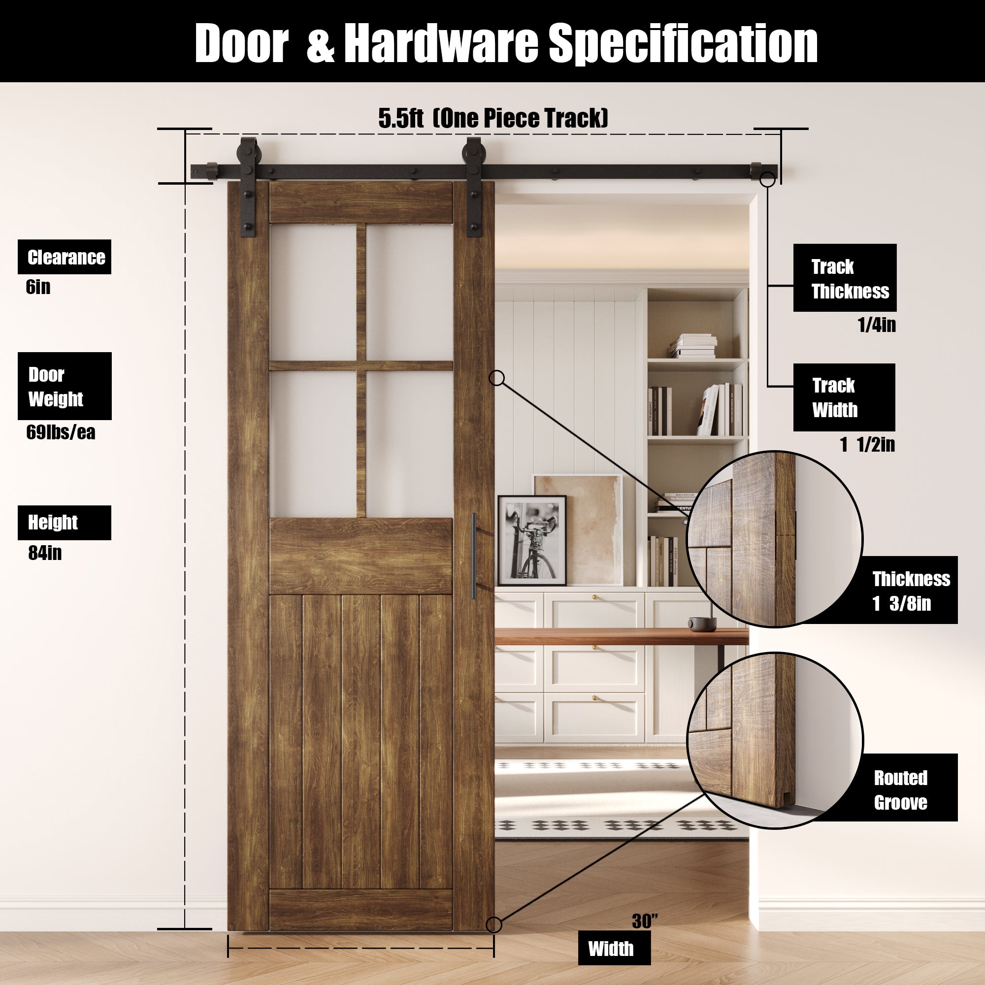 84" Height Dark Walnut Half Lite Grid Glass Unassembled & Finished Pine Wood Barn Door with Non-Bypass Installation Hardware Kit (Interior Use Only)